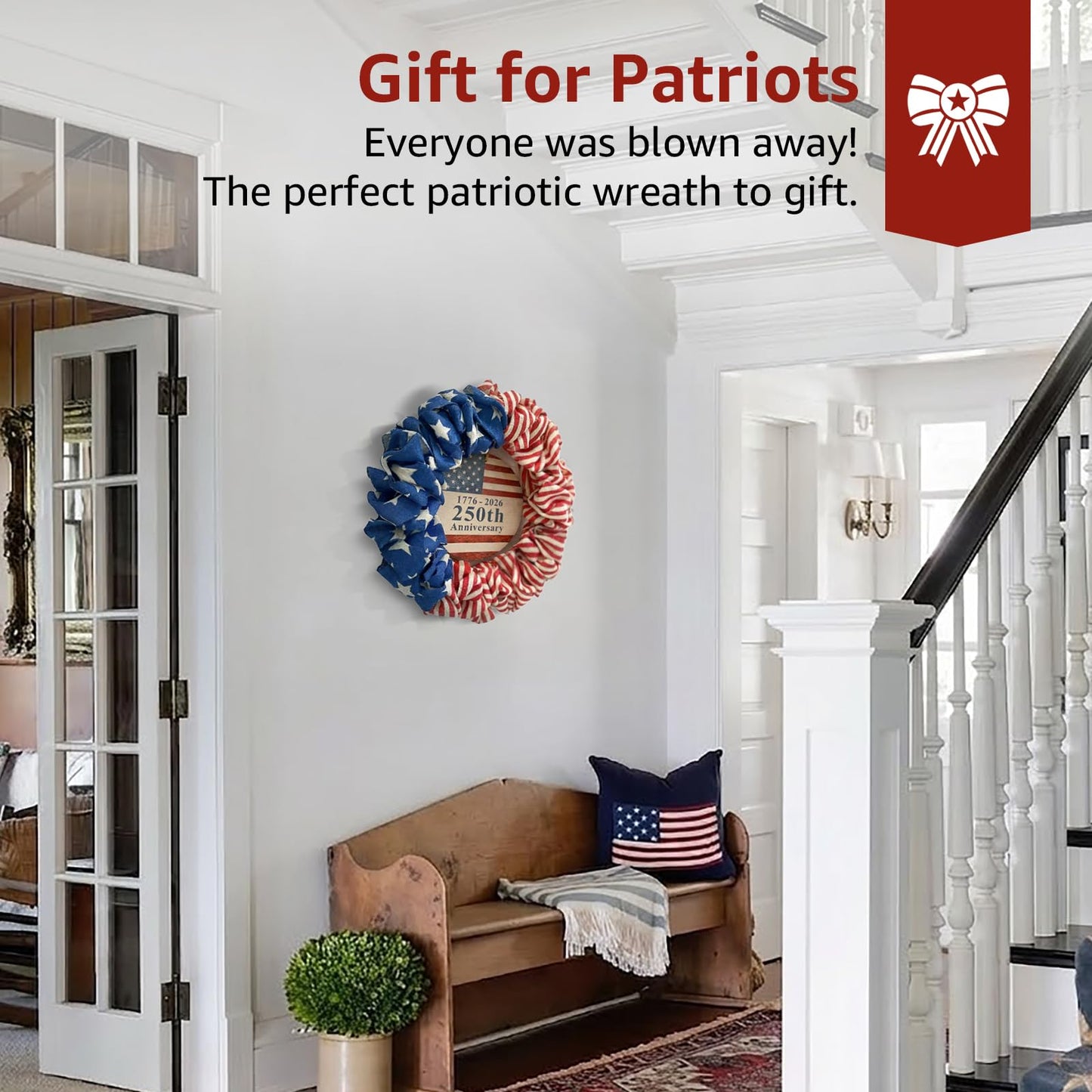4th of July Wreath for Front Door - 20 inch Memorial Day Patriotic Decorations Outdoor, Red White and Blue 1776-2026 USA 250th Anniversary Burlap American Flag Door Wreaths