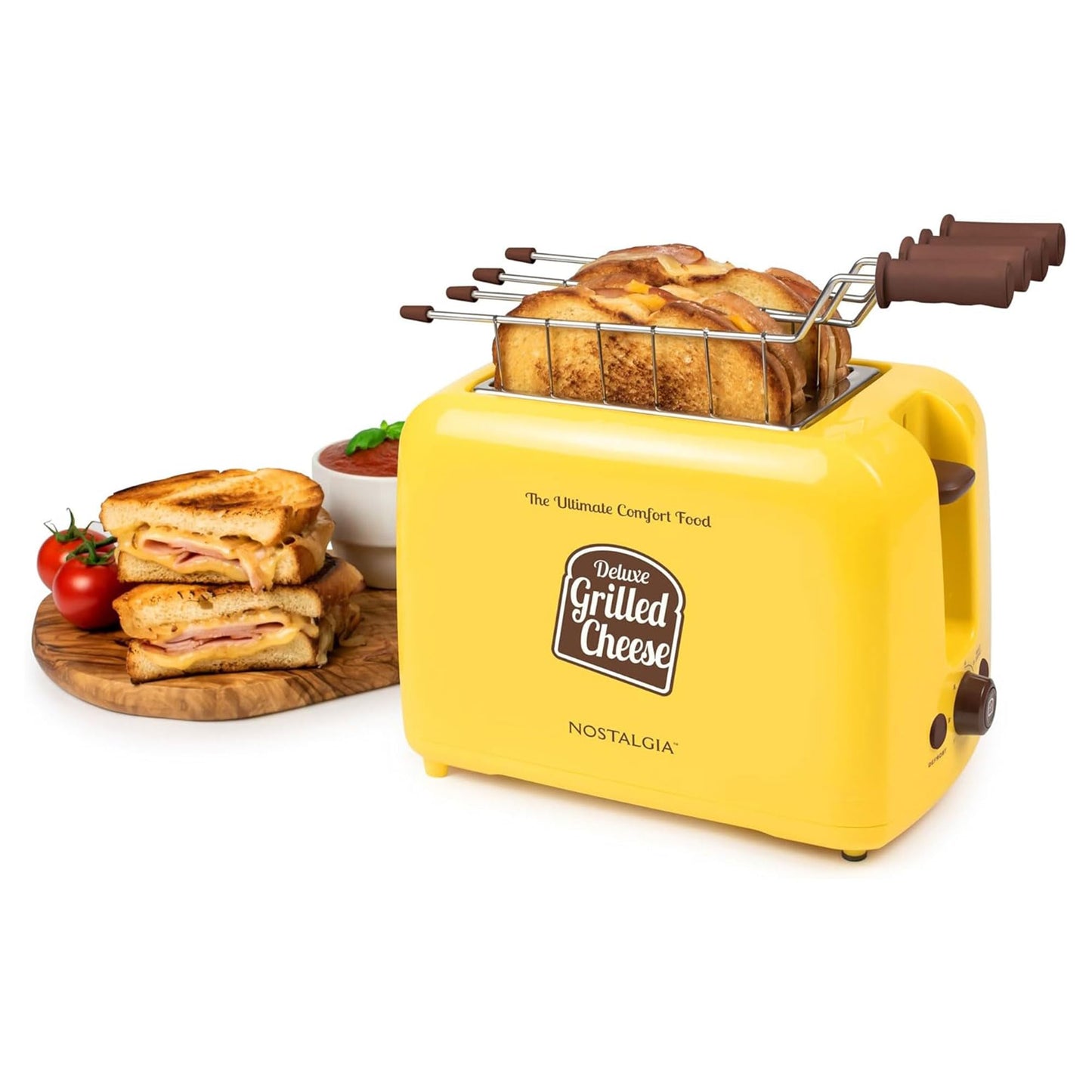 Nostalgia Deluxe Grilled Cheese Sandwich Toaster with Easy-Clean Toasting Baskets - Adjustable Toasting Dial and Extra Wide Slots - Yellow