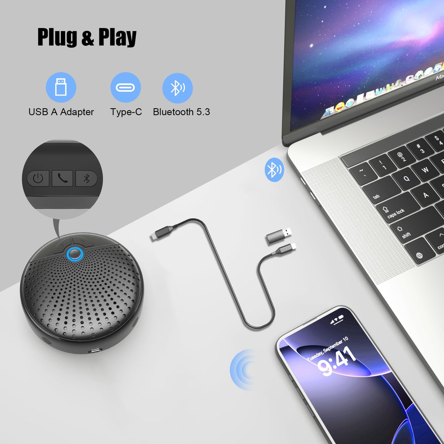 BALILA CM900 Conference Speaker and Microphone, 4 AI Mics 360° 20ft (7m) Voice Pickup, Noise Reduction, USB C & Bluetooth 5.3 (20m & 66ft) Speakerphone for 16 People, Compatible with Leading Platforms