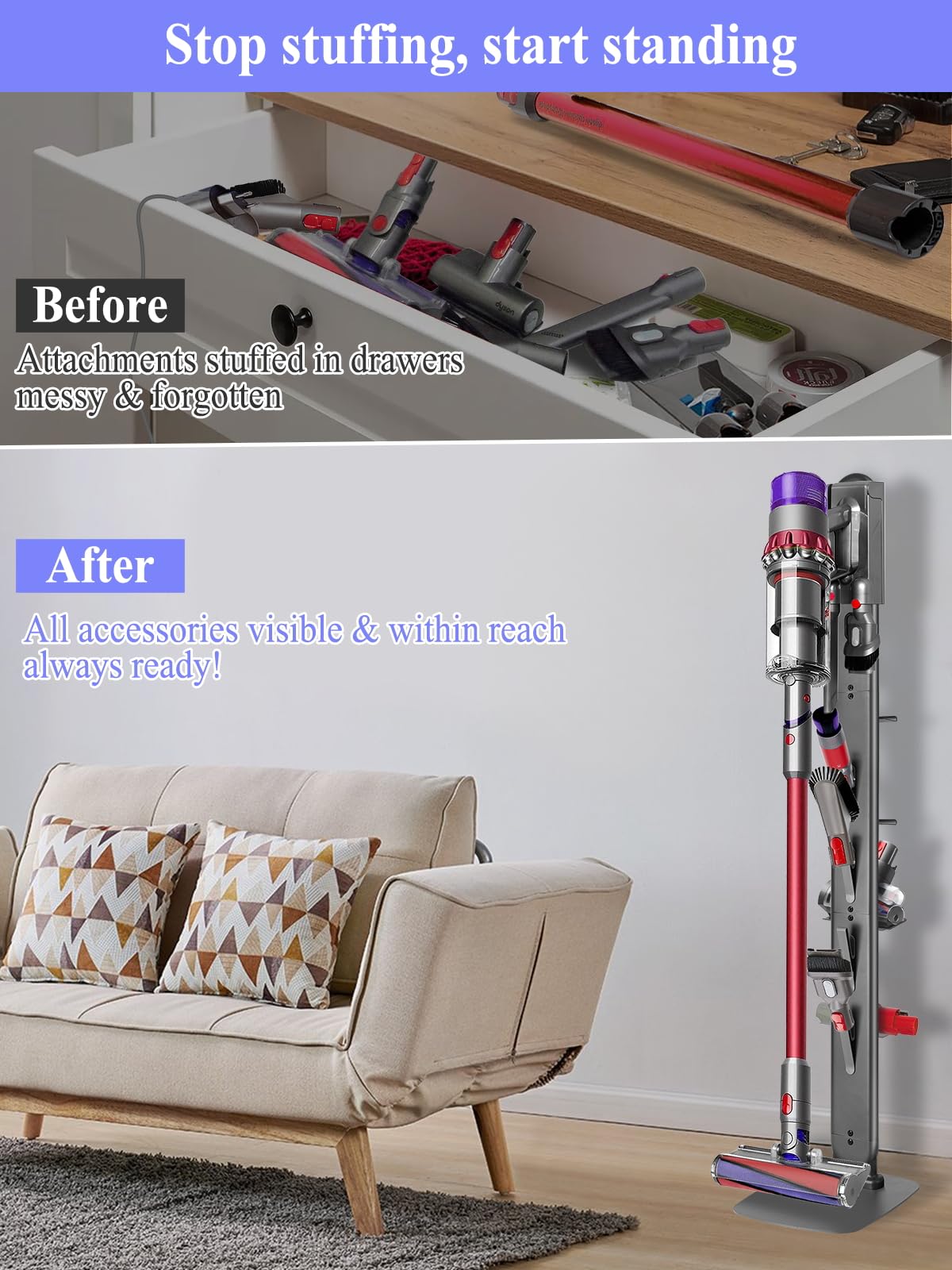 Haturi Premium Vacuum Stand for Dyson Gen5 V16,V15 V12 V11 V10 V8 V7 V6, Metal Attachment Holder with 4 Hooks & 4 Shelves, Hidden Cord Design, Space-Saving Storage Organizer for Dyson Cordless Vacuums