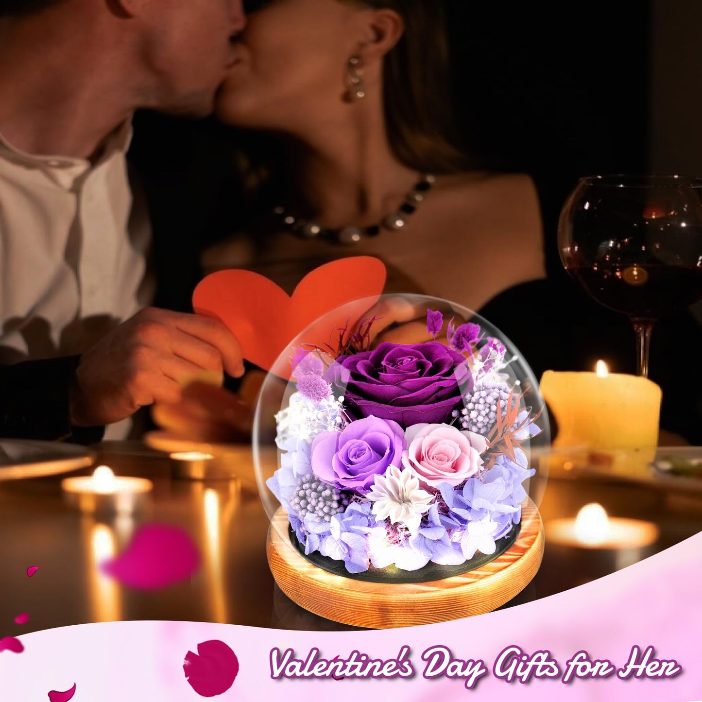 Preserved Flowers Rose in Glass Dome Forever Flowers Valentines Day Gifts for Her Eternal Roses with Light Long-Lasting Real Flowers Mothers Day Birthday for Women Mom Grandma, Purple