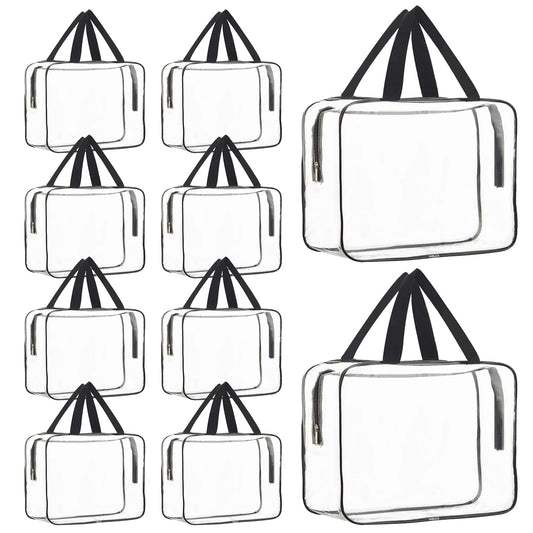 10 Pack Large Clear Cosmetic Bags with Handle PVC Plastic Toiletry Pouches with Zipper Clear Plastic Tote Bags Transparent Vinyl Bags Transparent Makeup Bag for Women, Men, Beach, Traveling