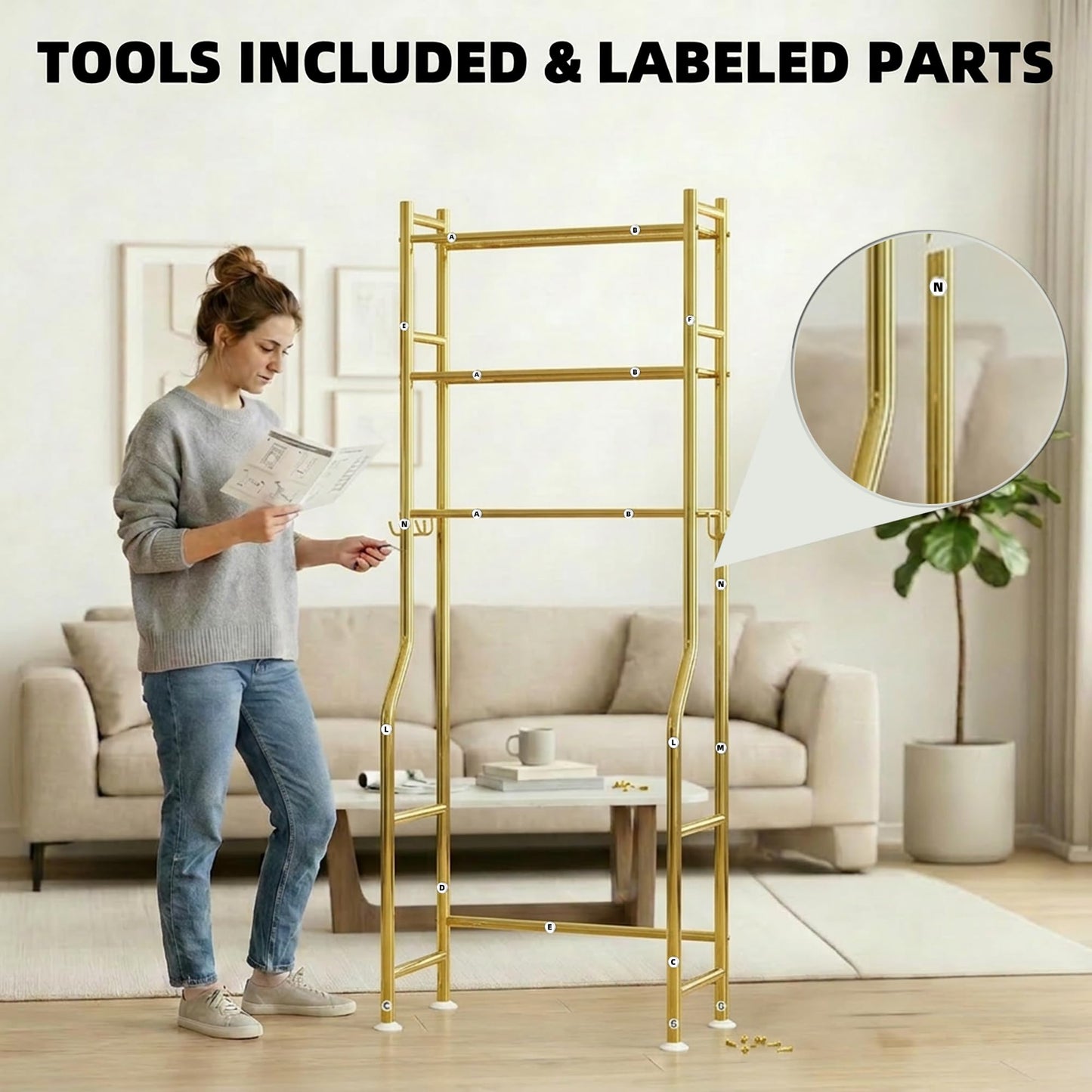 GloTika 3-Tier Over Toilet Storage with Anti-Tilt Safety System - 150lb Total Capacity Metal Bathroom Shelves Including Paper Holder & 4 Hooks, Space Saving Above Commode Organizer (64" H, Gold)