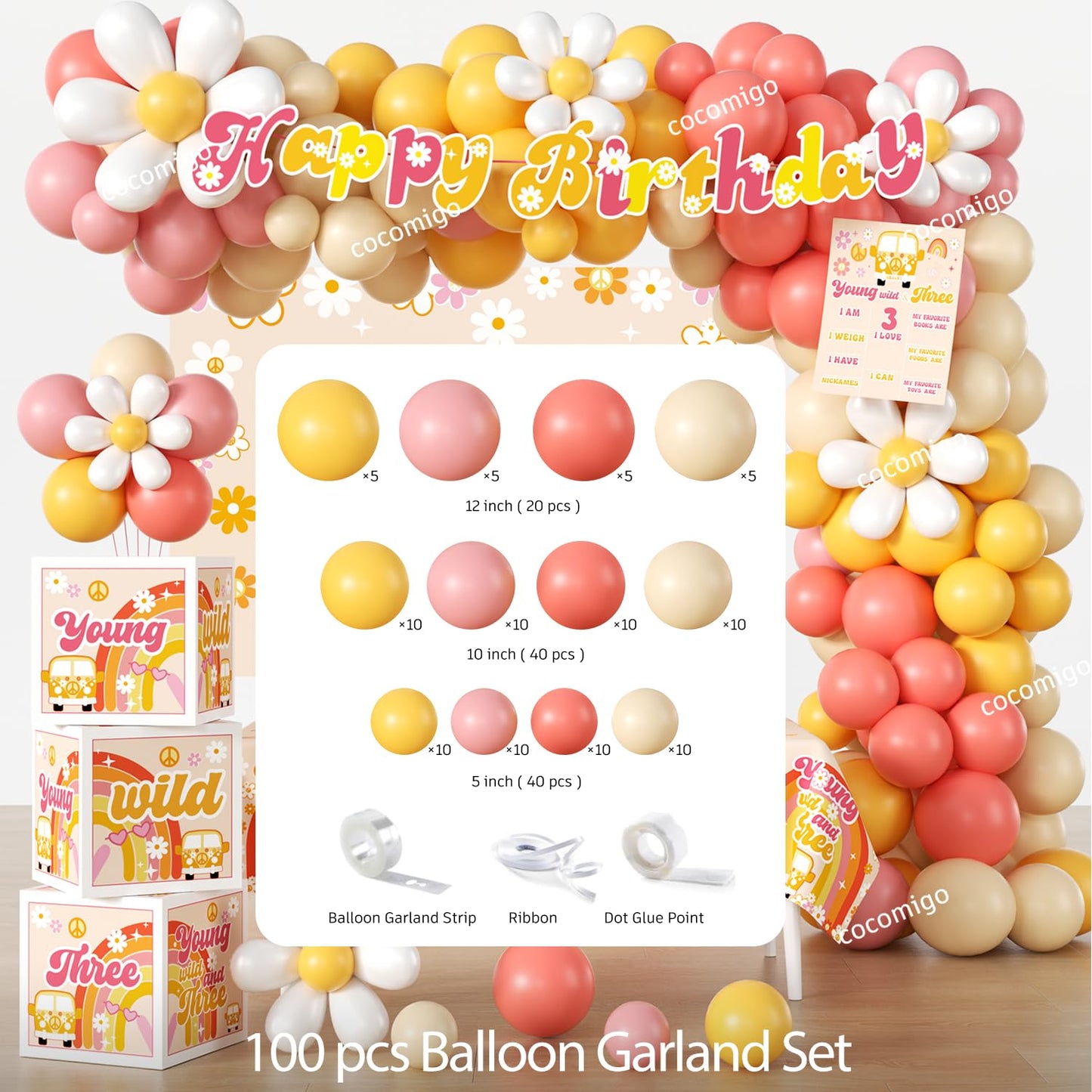 263pcs Young Wild and Three Party Decorations, Boho Groovy Daisy 3rd Birthday Decorations for Girls with Balloon Arch Tableware Backdrop Banner Tablecloth Cake Topper Balloon Box, Etc. Serves 20