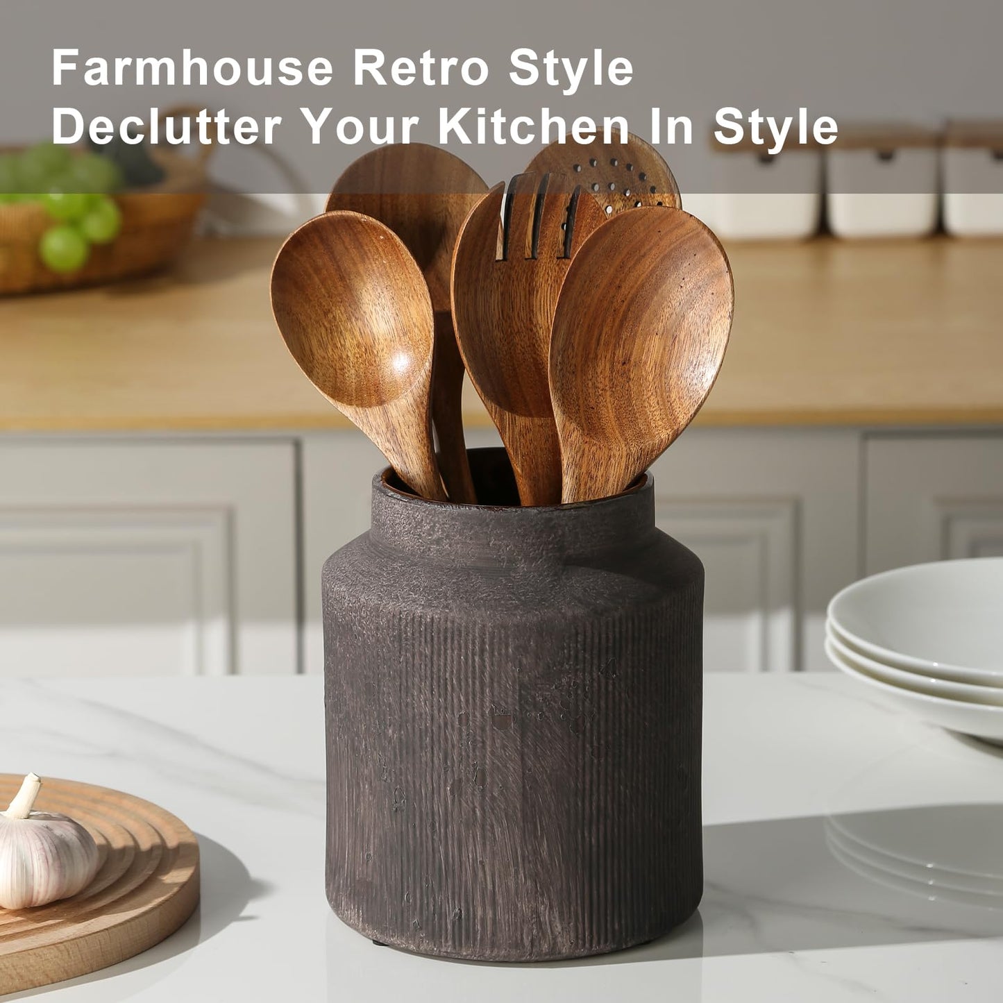 ATLZBLTCI Farmhouse Ceramic Farmhouse Kitchen Utensil Holder for Countertop, Rustic Cooking Utensil Holder Crock Fit for Kitchen Counter. 6.1 x 6.1 x 7 IN