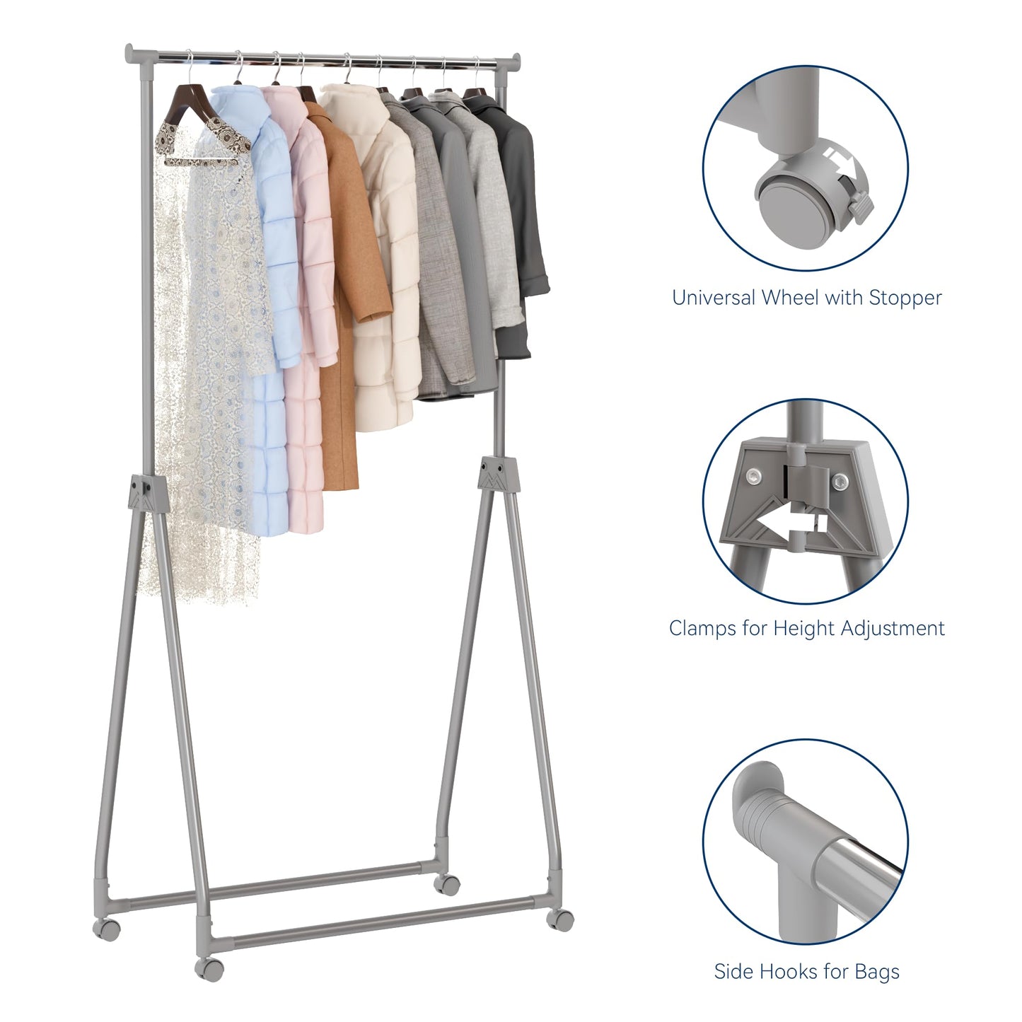 Whitmor Foldable Garment Rack - Rolling Clothes Rack - Adjustable Height Garment Rack, Heavy Duty Foldable Clothes Rack with Adjustable Hanging Rod for Home Office- Dark Grey