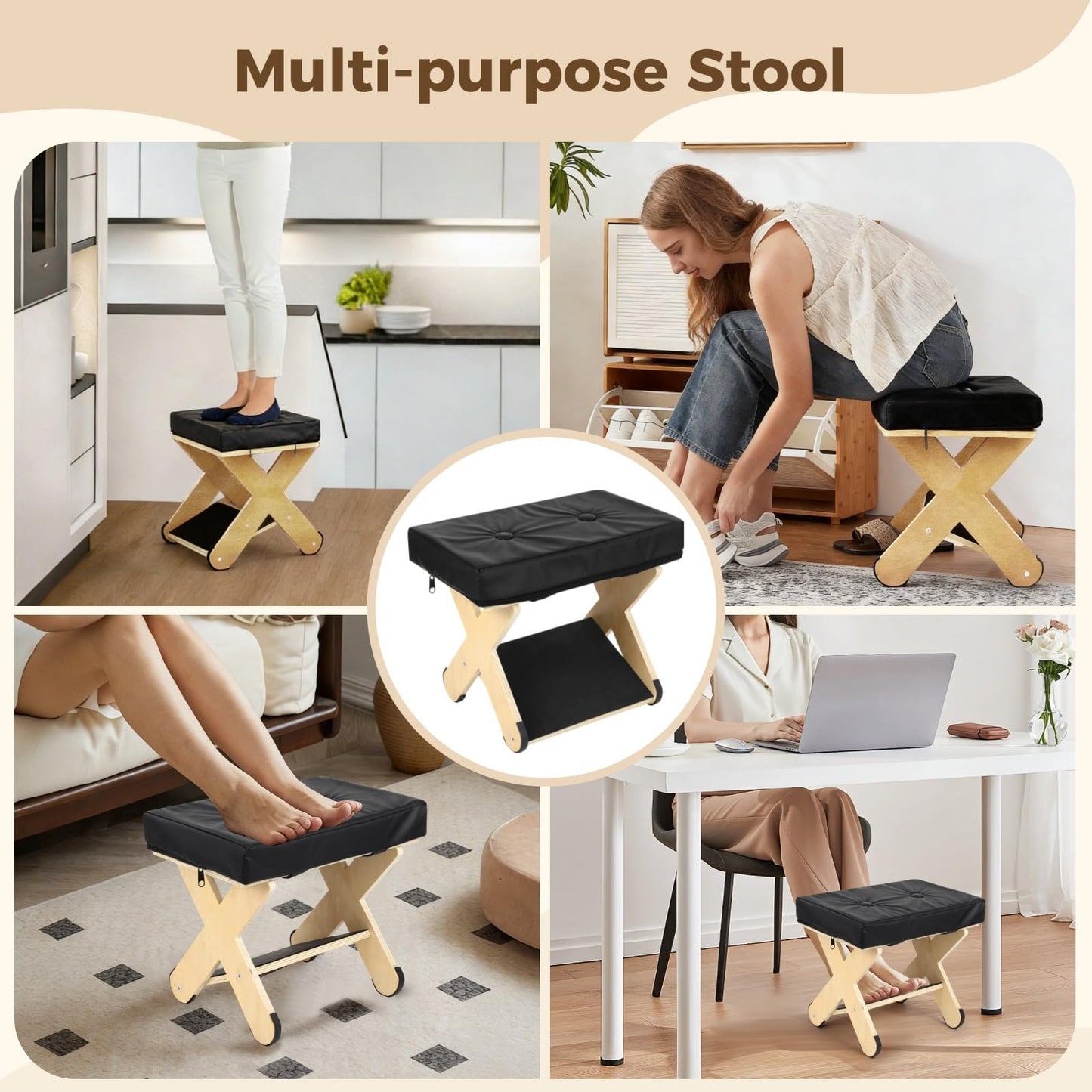 Double Step Foot Rest Under Desk, Ergonomic Wood Foot Stool with PU Cushion Top, Desk Foot Rest for Office Chair, Under Desk Footrest Stool for Work, Leg Rest Support (Natural Wood)