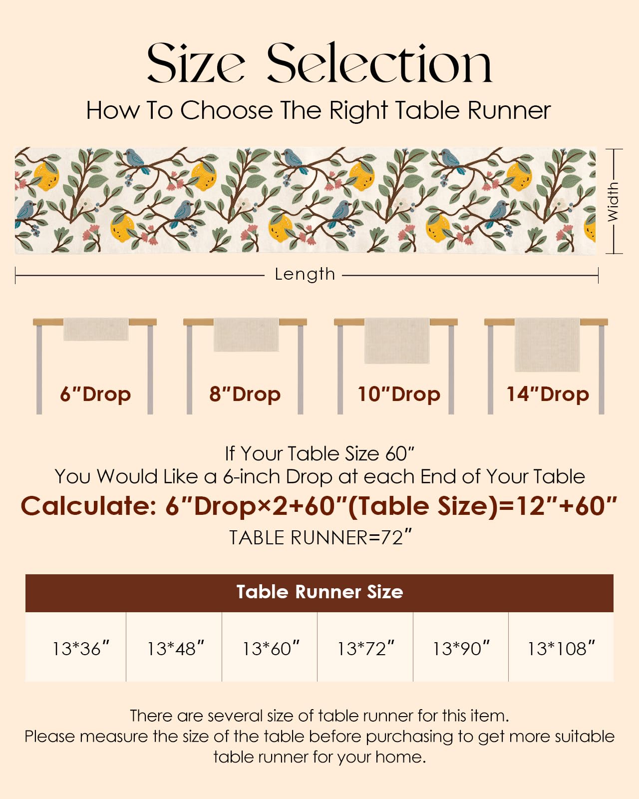 Kokaaee Canvas Embroidered Table Runner - 13"x 72" Coffee Table Runner for Living Room Narrow Tablerunner for Dining Room Washable Farmhouse Kitchen Island Counter Decor Housewarming Gift, Lemon Bird