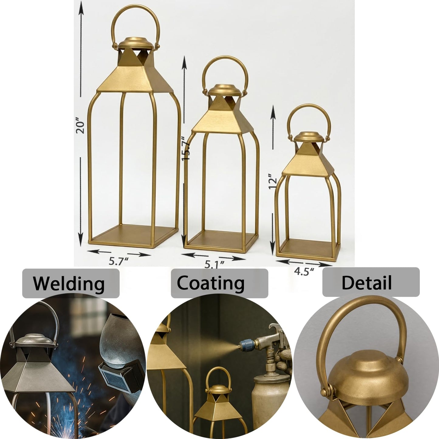 Decorative Metal Lanterns Indoor Outdoor, Candle Holder for Porch, Patio, Fireplace, Floor, Wedding, Christmas, Fall, Holiday, Farmhouse Table Centerpiece (Antique Gold, Set of 3 20" 15.7" 12")
