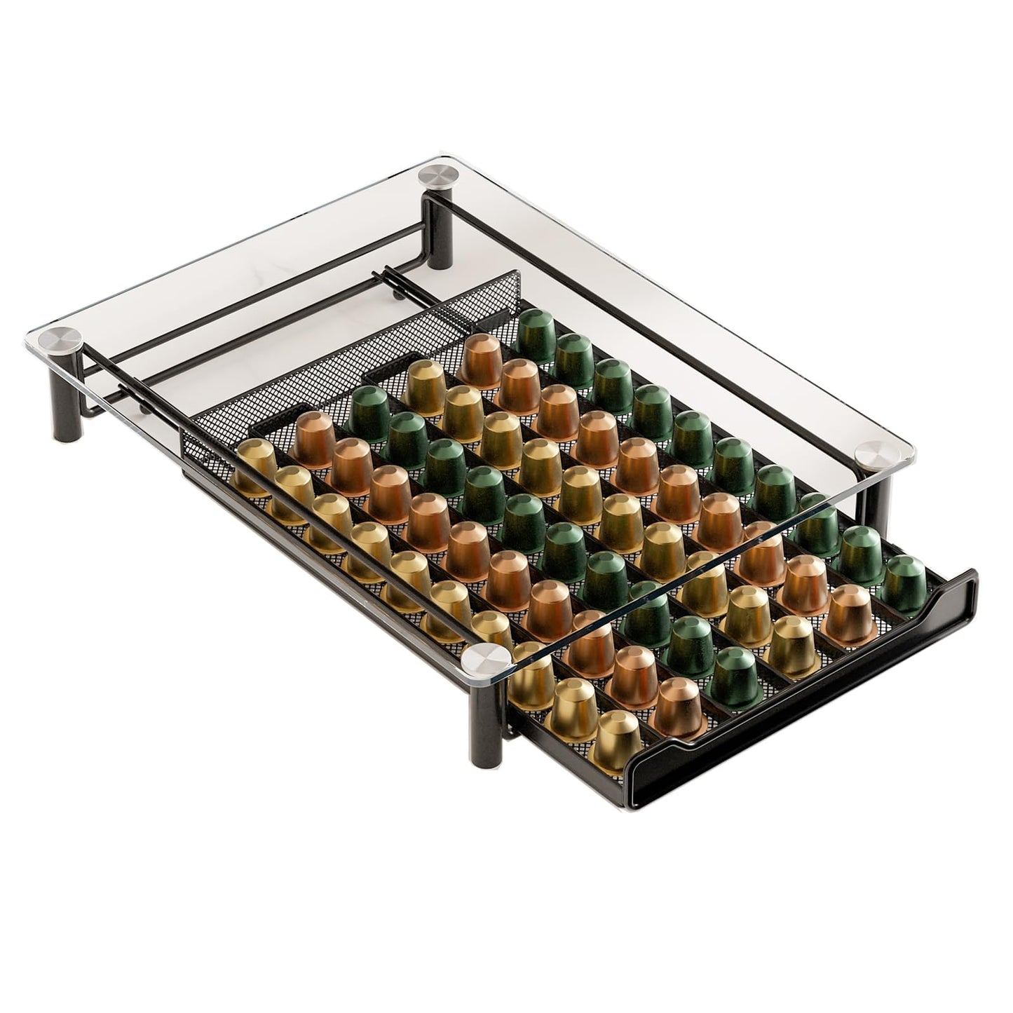 SEVENLINE Crystal Tempered Glass Coffee Pod Storage Drawer Compatible with Nespresso OriginalLine Capsules Holder 60 Original Line Pods Holds Kitchen Organizer
