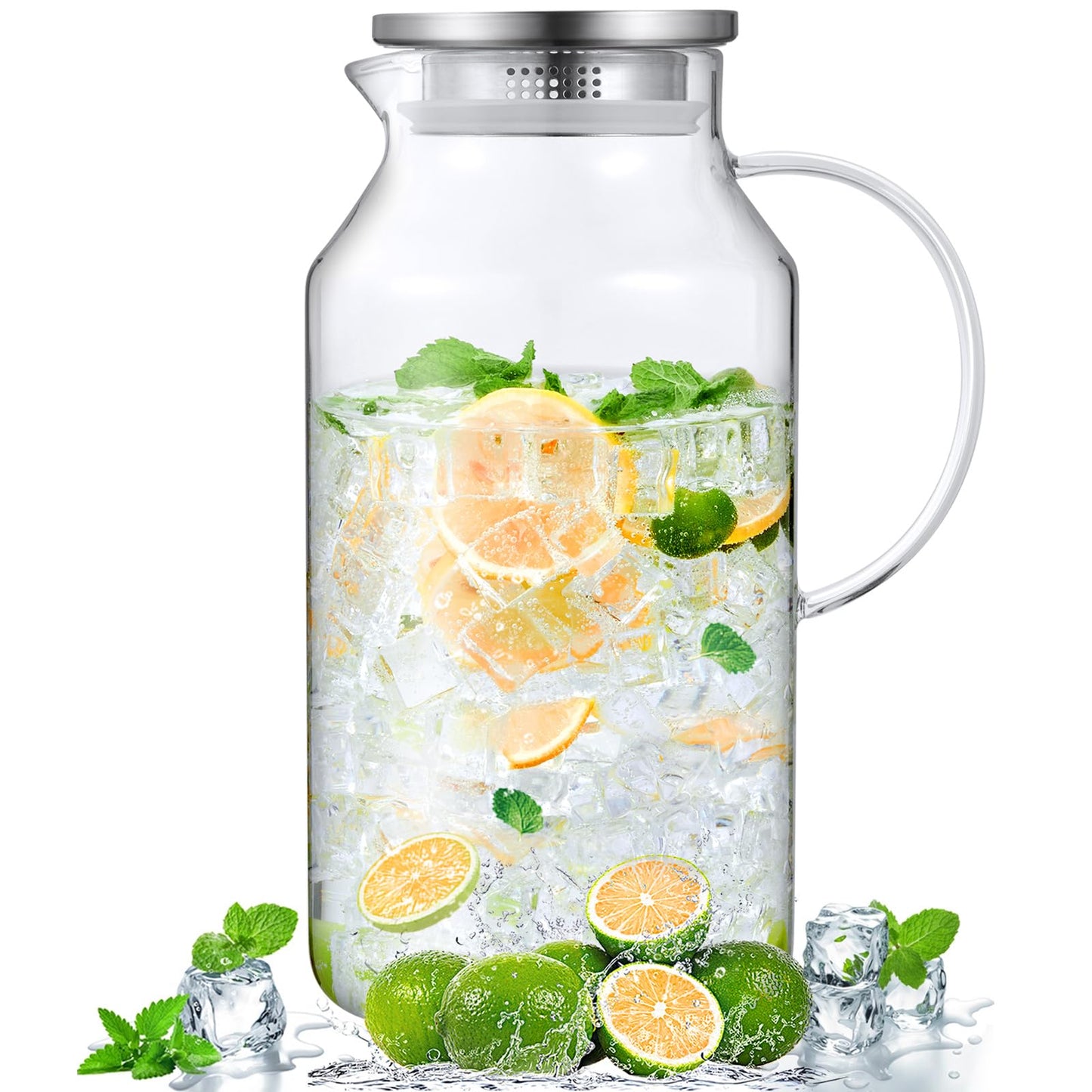 1 Gallon Glass Pitcher with Lid and Spout, Bivvclaz Glass Water Pitcher for Fridge, Glass Carafe for Hot/Cold Water, Iced Tea Pitcher, Large Jug for Coffee, Juice and Homemade Beverage