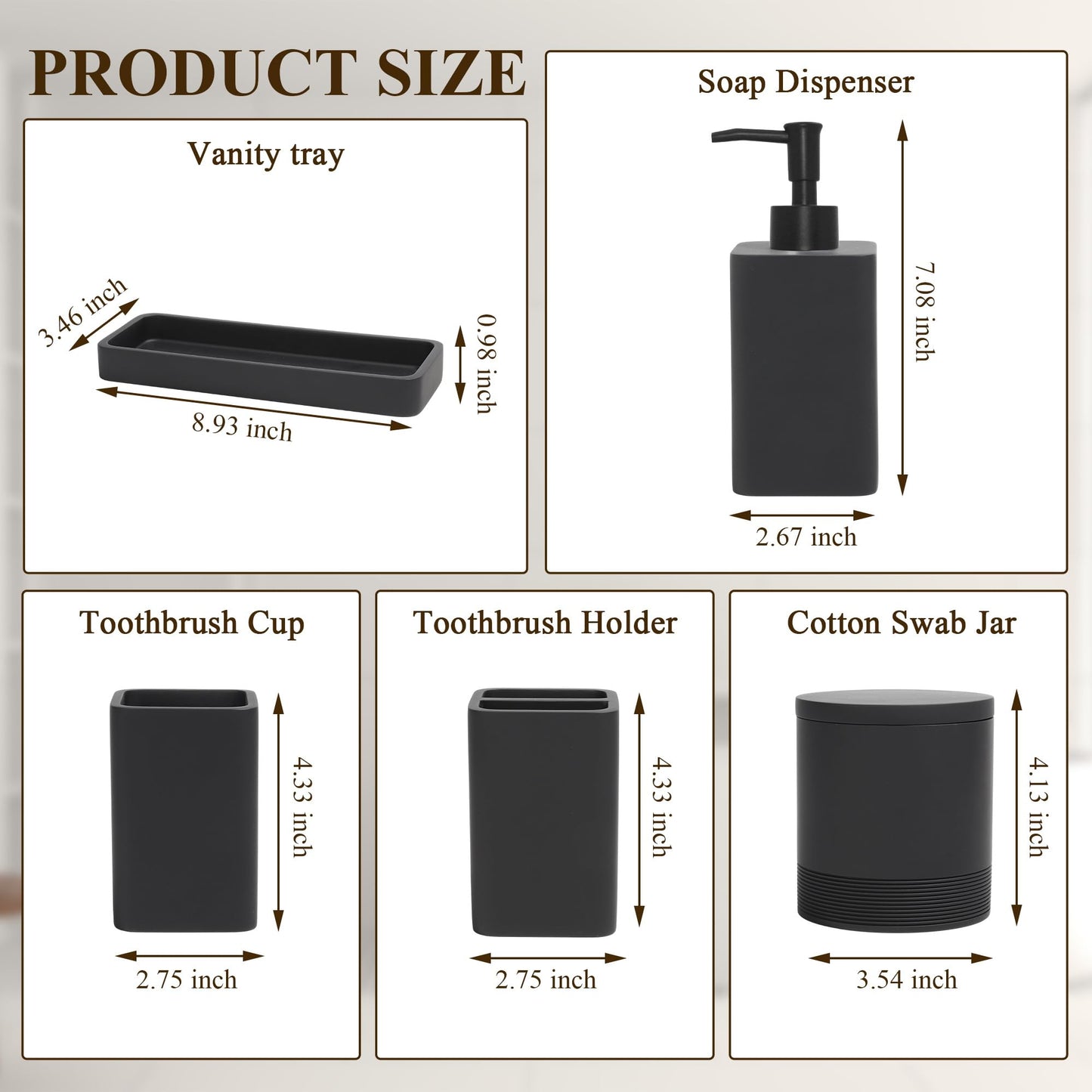 YMXYJM Bathroom Accessories Set, 6 Piece Bathroom Set with Toothbrush Holders, Soap Dispenser, Vanity Tray, Tumbler, Cotton Swab Jars, Bathroom Organizer,Bathroom Sink Sets, Matte Black