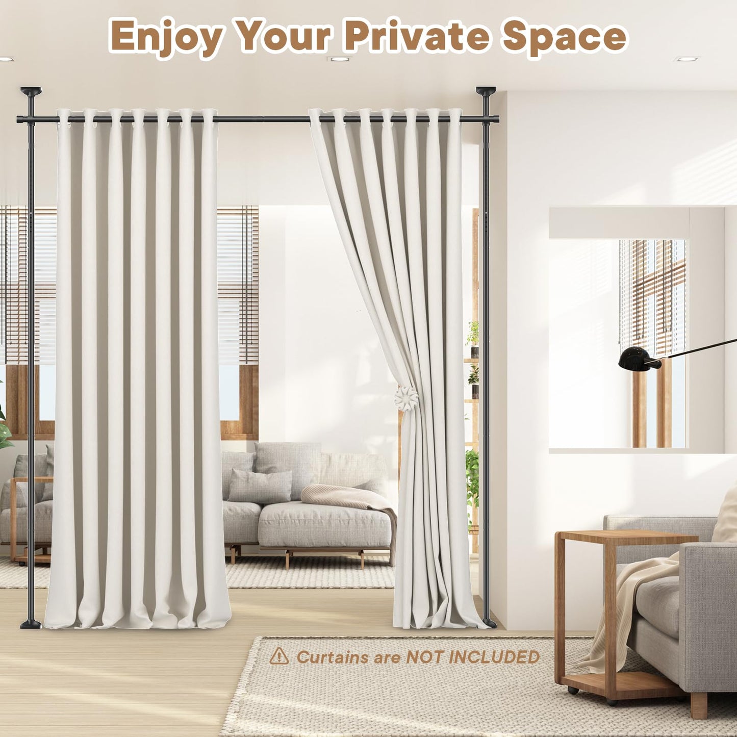 Bonpally Room Divider Curtain Rod, No Drilling Room Separator for Space Partition, 4-10ft (H) 28-70 inch(W) Adjustable Heavy Duty Temporary Wall Divider Floor to Ceiling Tension Rod, Black