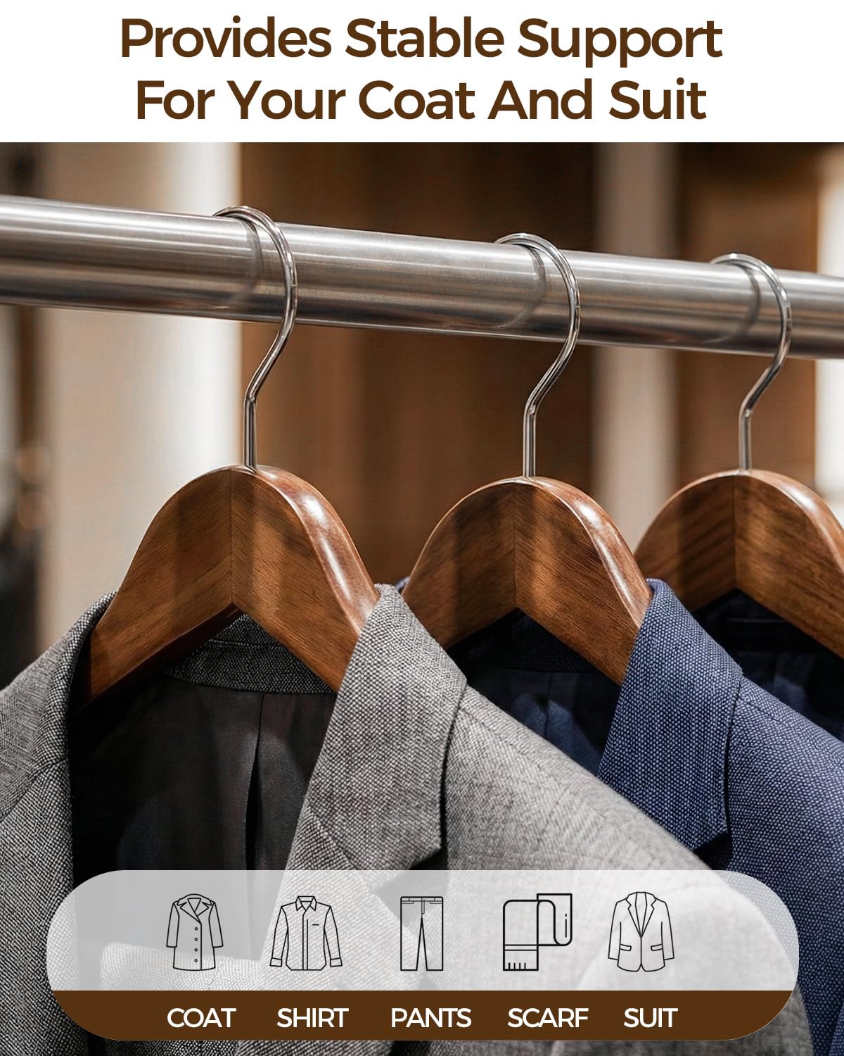 Verahaus Premium Wooden Hangers 6-Pack – Wide Shoulder Non-Slip Design for Coats, Jackets & Suits | 360° Rotating Closet Organizers | Durable & Space-Saving (Vintage Wood)