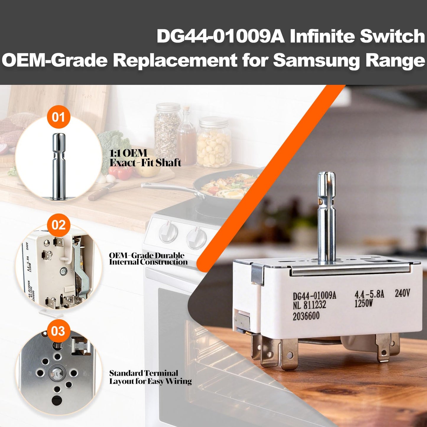 DG44-01009A Infinite Switch Replacement for Samsung Electric Range, Replaces DG44-01009ACM AP5622587 PS4240807 Surface Burner Control Switch