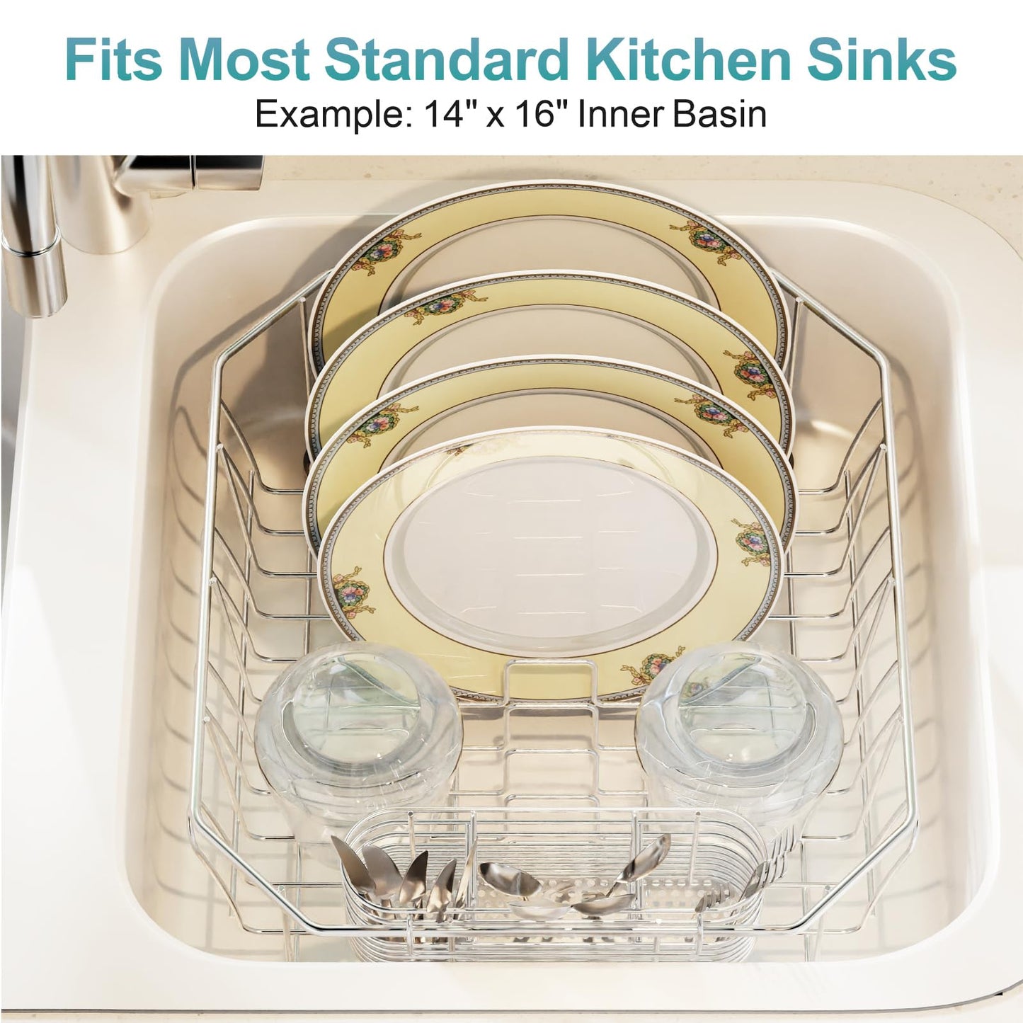 GSlife Small in Sink Dish Drying Rack - Stainless Steel Compact Dish Drainer for RV Kitchen Apartment Sink, Rust Resistant Inside Sink Rack, 1–2 Person Households, 13.1" W x 14.4" L, Silver