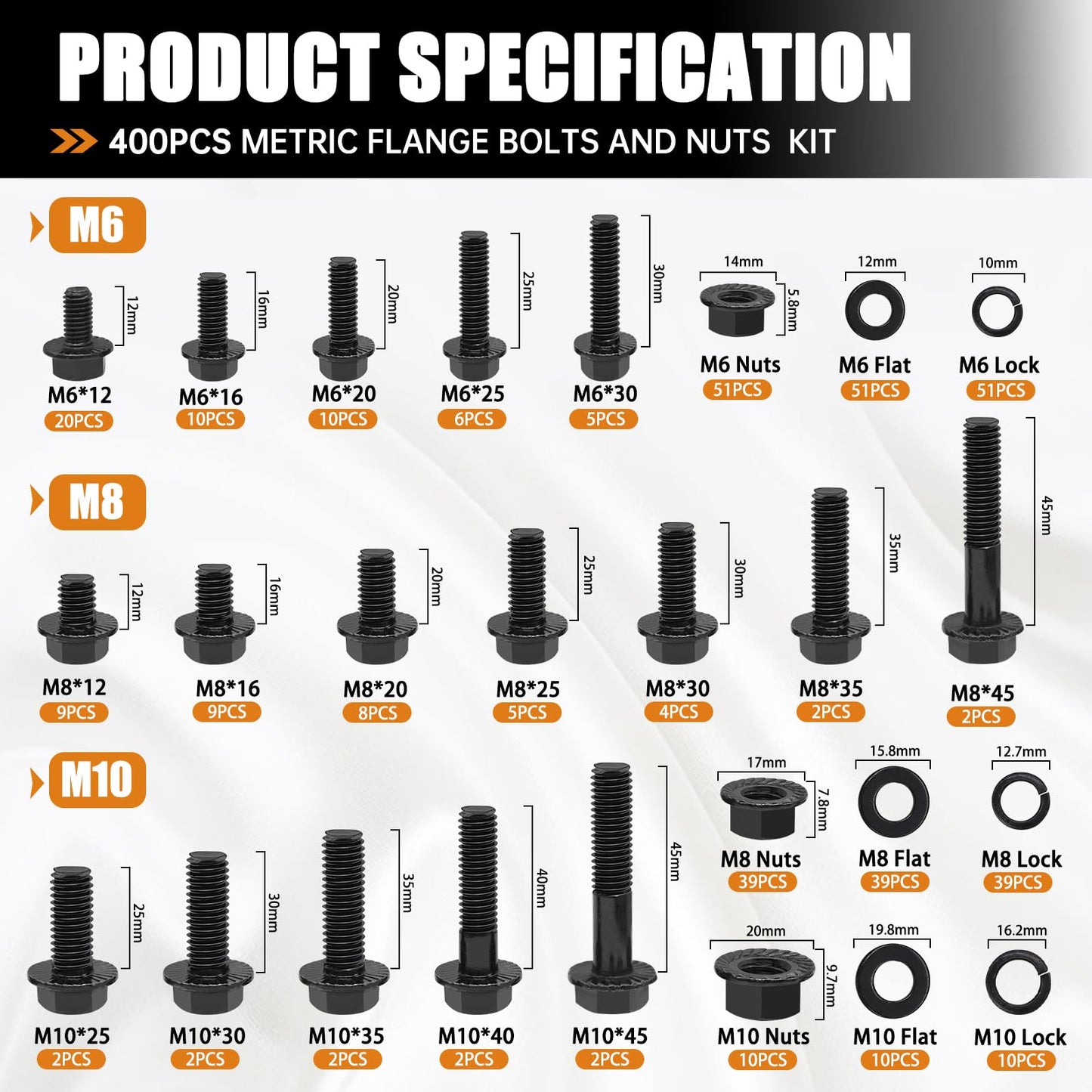 mankk 400PCS Metric Grade 10.9 Flange Bolts and Nuts Assortment Kit M6x1.0, M8x1.25, M10x1.5 (12mm to 45mm) Black Alloy Steel Class Hex Bolts and Nuts Washers Kit for Automotive