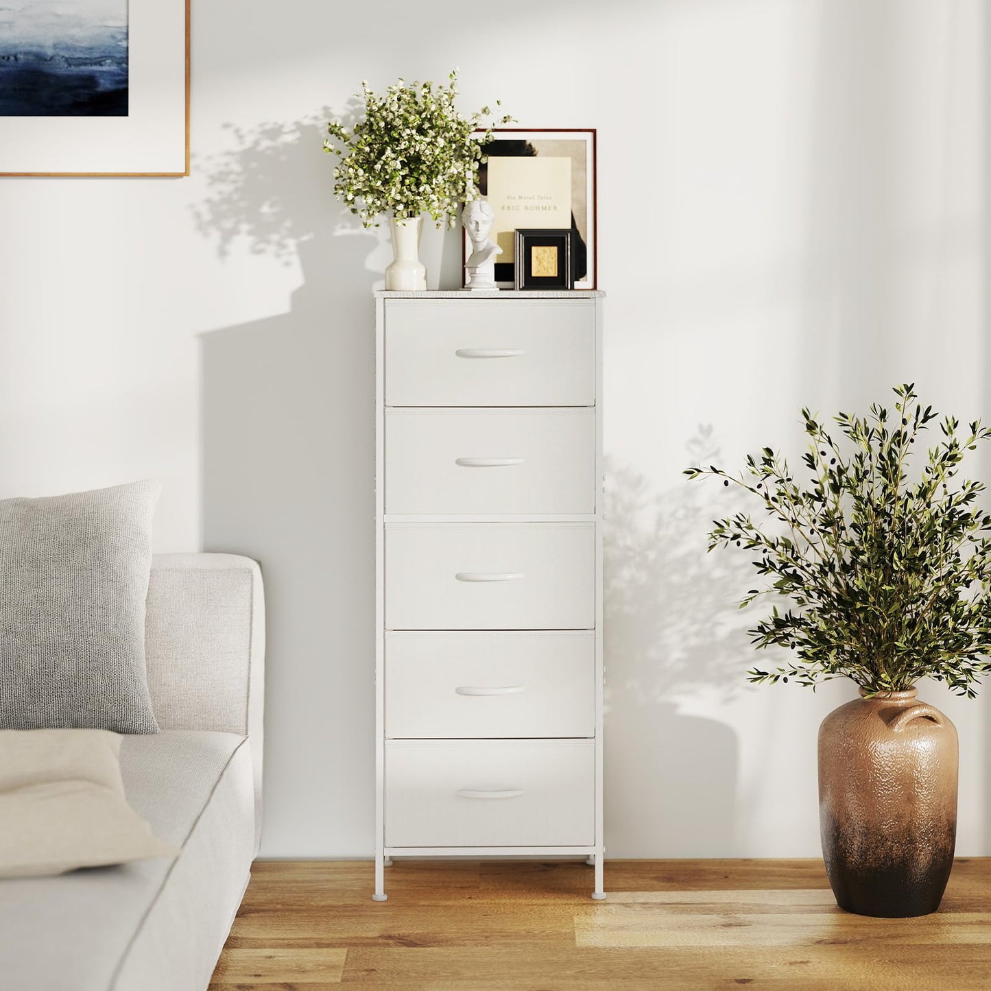 Sweetcrispy 5 Drawer Dresser with Fabric Bins Steel Frame Wood top Storage Chest for Bedroom Closet Hallway White Compact Organizer Durable Home Storage Solution