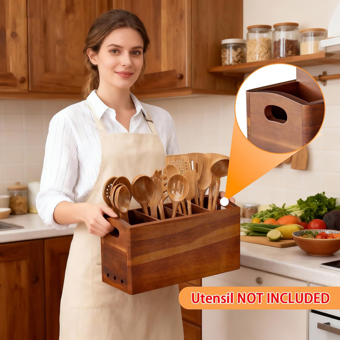 PrimZooty Natural Acacia Wood Utensil Holder for Kitchen Counter (X-Large), 4 Compartment with Removable Dividers 15.7"x7.2"x5.04", Extra Large Cooking Utensil Organizer - Anti-Scratch Bottom