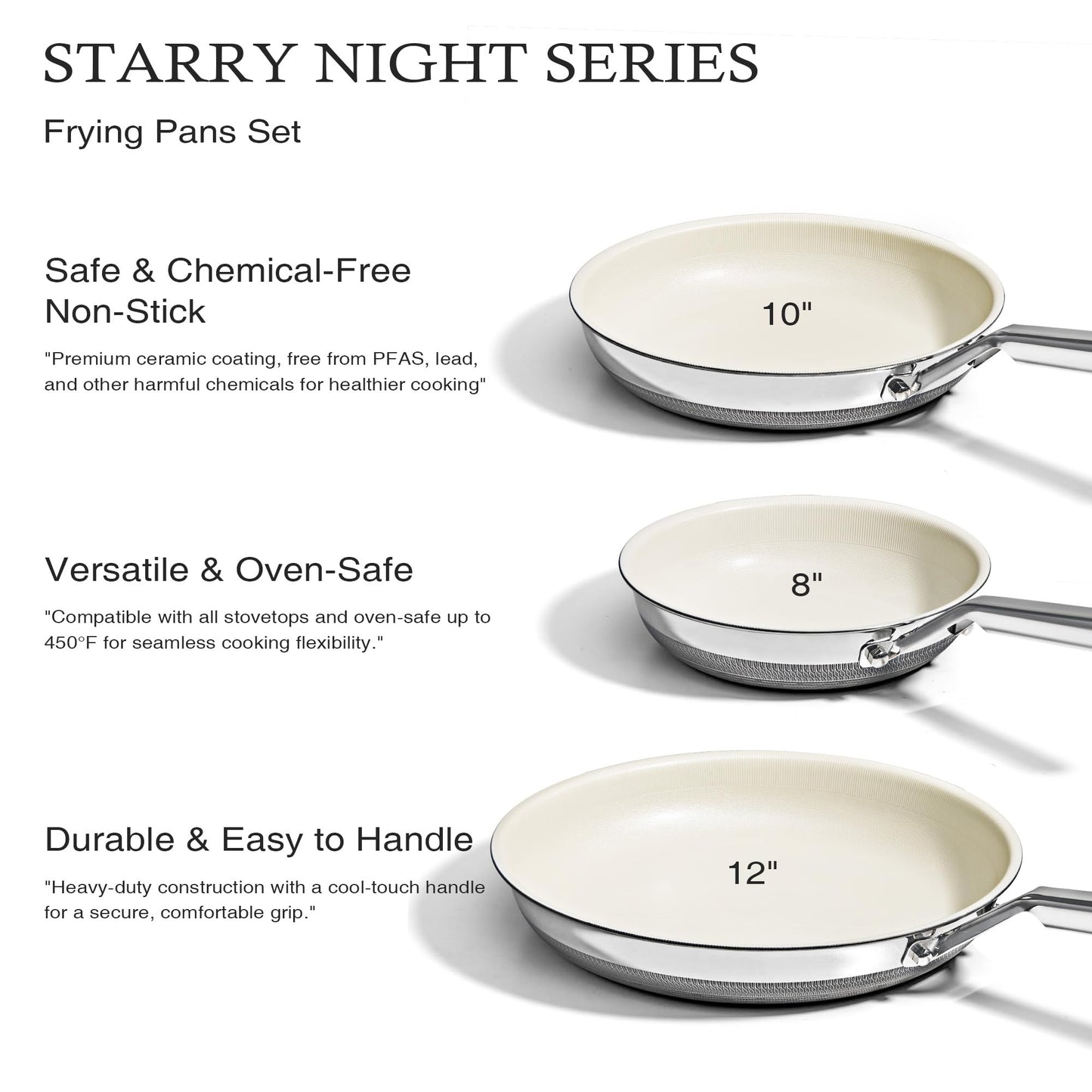 KITEXPERT Non Stick Frying Pans Set, Beige Titanium Ceramic Pan, Nonstick Skillet Stainless Steel, PFAS, PFOA & PTFE Free, Dishwasher & Oven Safe, All Cooktops Compatible, 3 Piece (8", 10", 12")