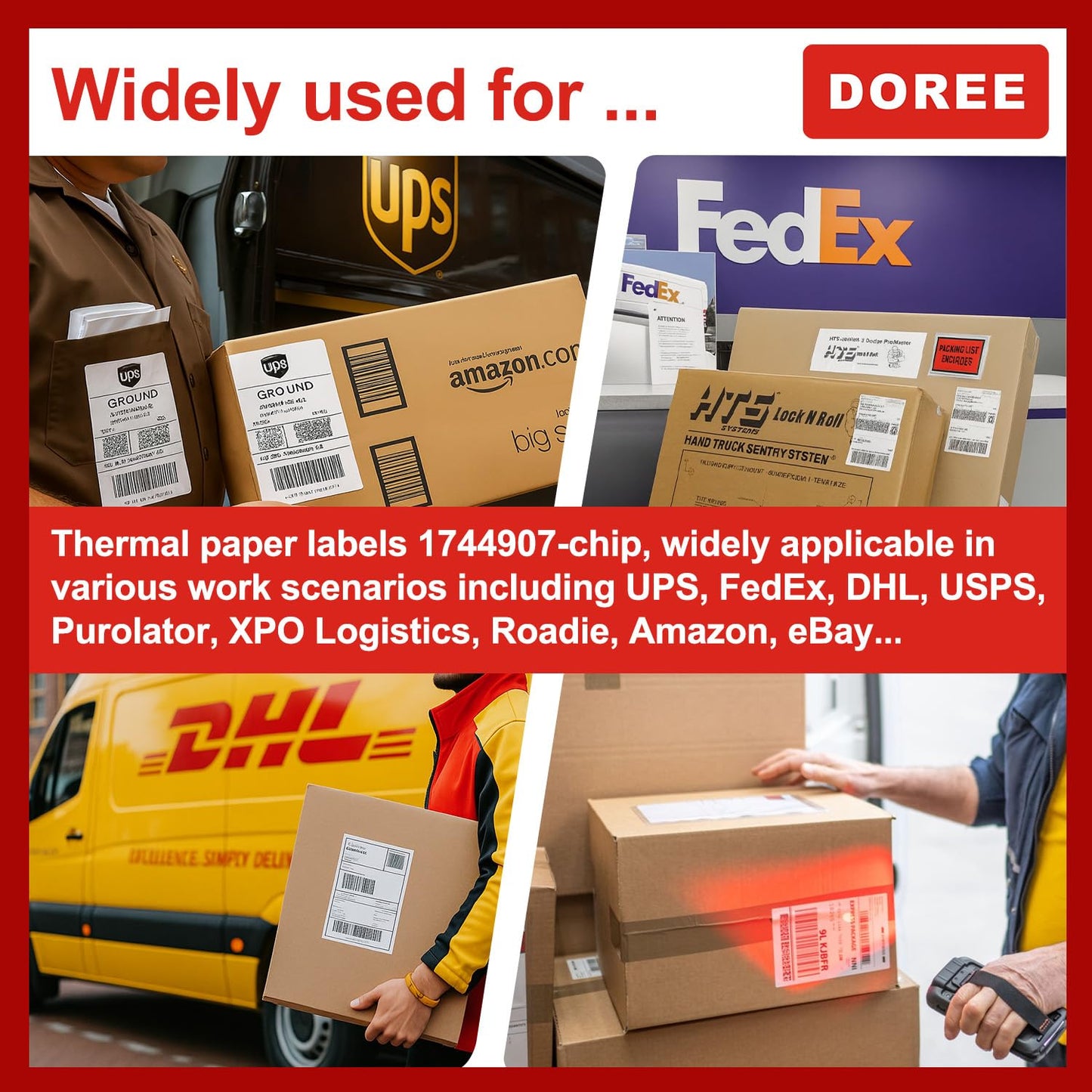 DOREE 4-Roll 4" x 6" Extra-Large Shipping Labels 1744907 with chip, Compatible with Dymo LW 5XL and 4XL Label Printers. (Thermal Shipping Labels, White,4-Rolls Total 880)