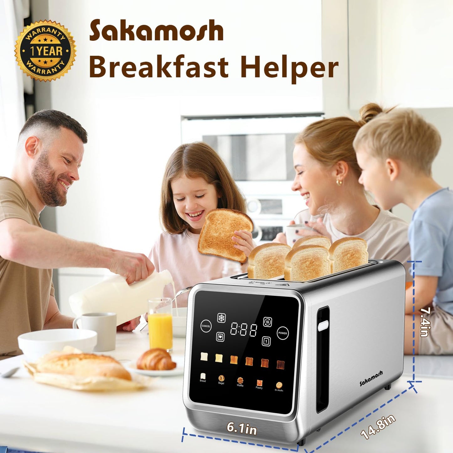 SAKAMOSH Touch Screen Toaster 4 Slice, Smart Digital Toasters with LED Display & Timer, Extra Long Wide Slots for Bagels, 6 Browning Levels & 5 Bread Types, Memory Function, 1400W, Stainless Steel