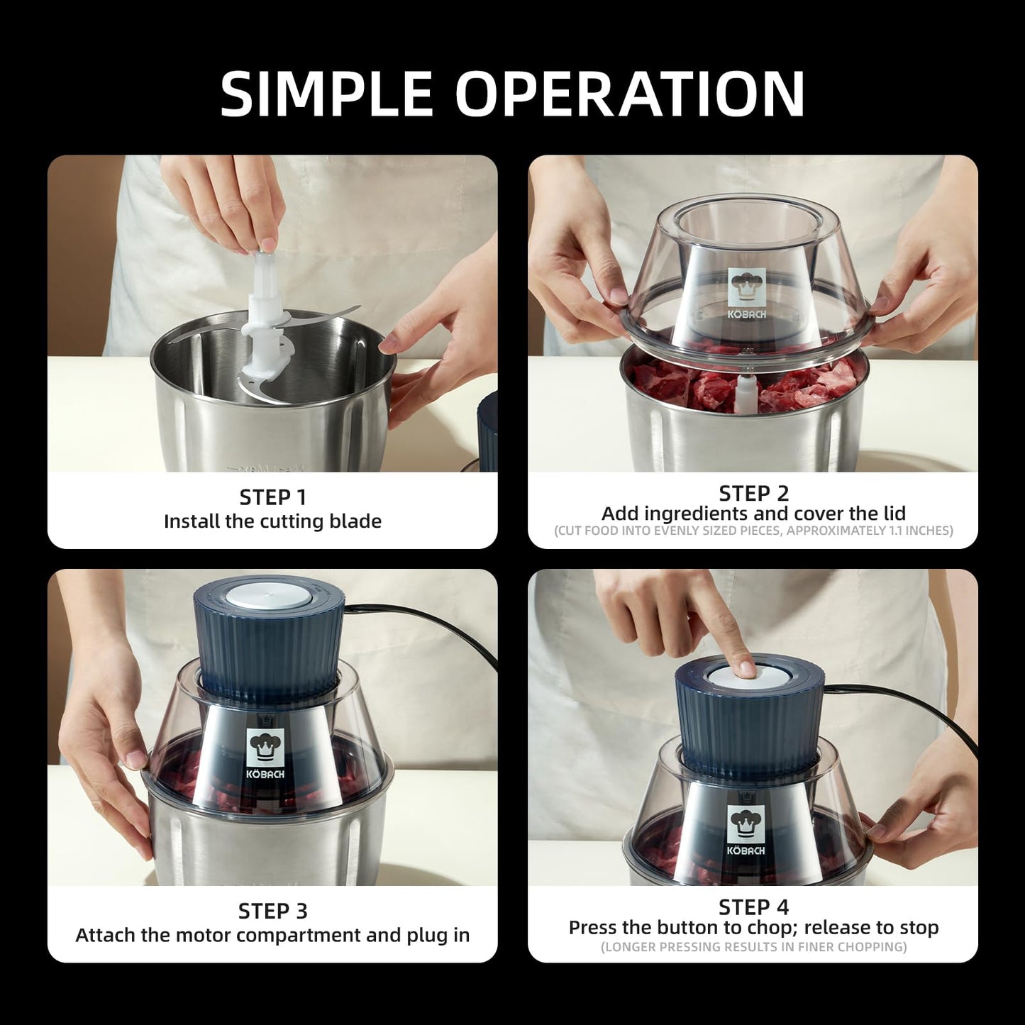 KOBACH Electric Food Processor & Meat Grinder – 1.9 Qt Food Chopper with Pure Copper Motor, Dual-Layer Blades, Procesador de Alimentos Electrico