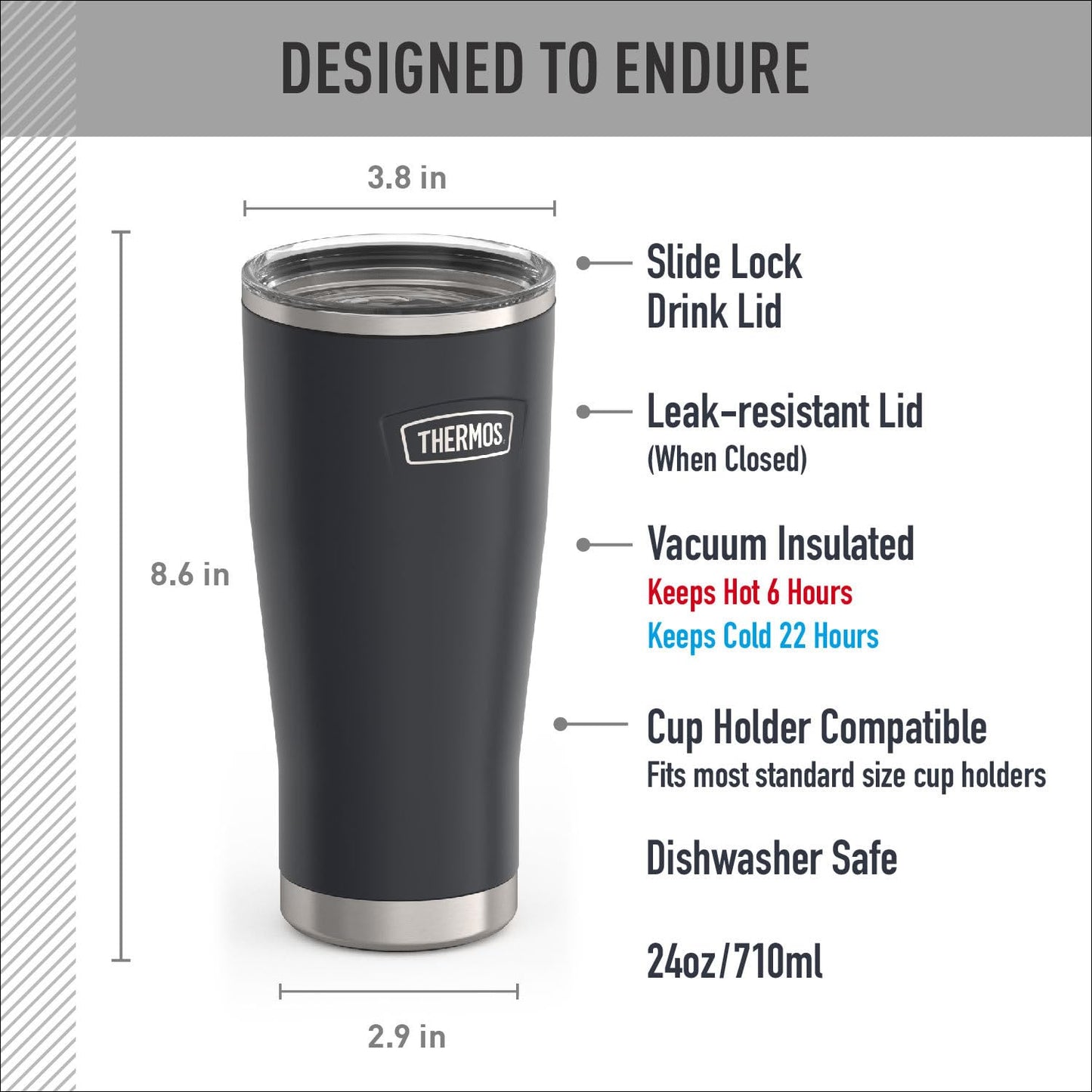THERMOS ICON SERIES Stainless Steel Cold Tumbler with Slide Lock, 24 Ounce, Granite