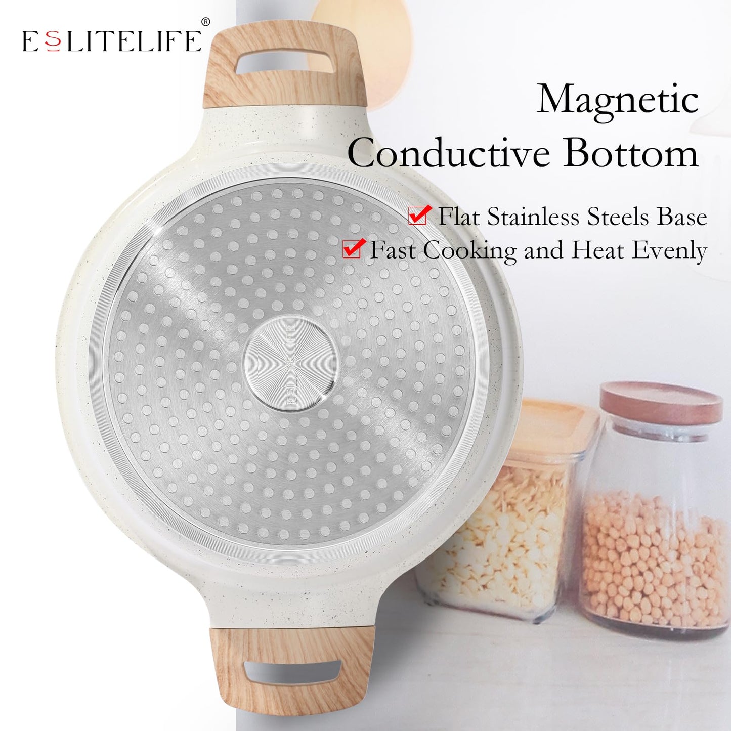 ESLITE LIFE Nonstick Stock Pot with Lid, 7 Quart Granite Casserole Large Soup Pot Pasta Cooking Pot, Induction Compatible, PTFE & PFOA Free, White