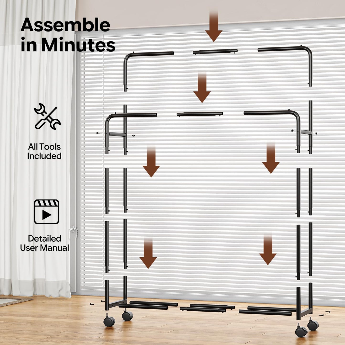 Simple Trending Clothing Clothes Rack Double Rods with Wheels, Rolling Metal Garment Rack for Hanging, Black