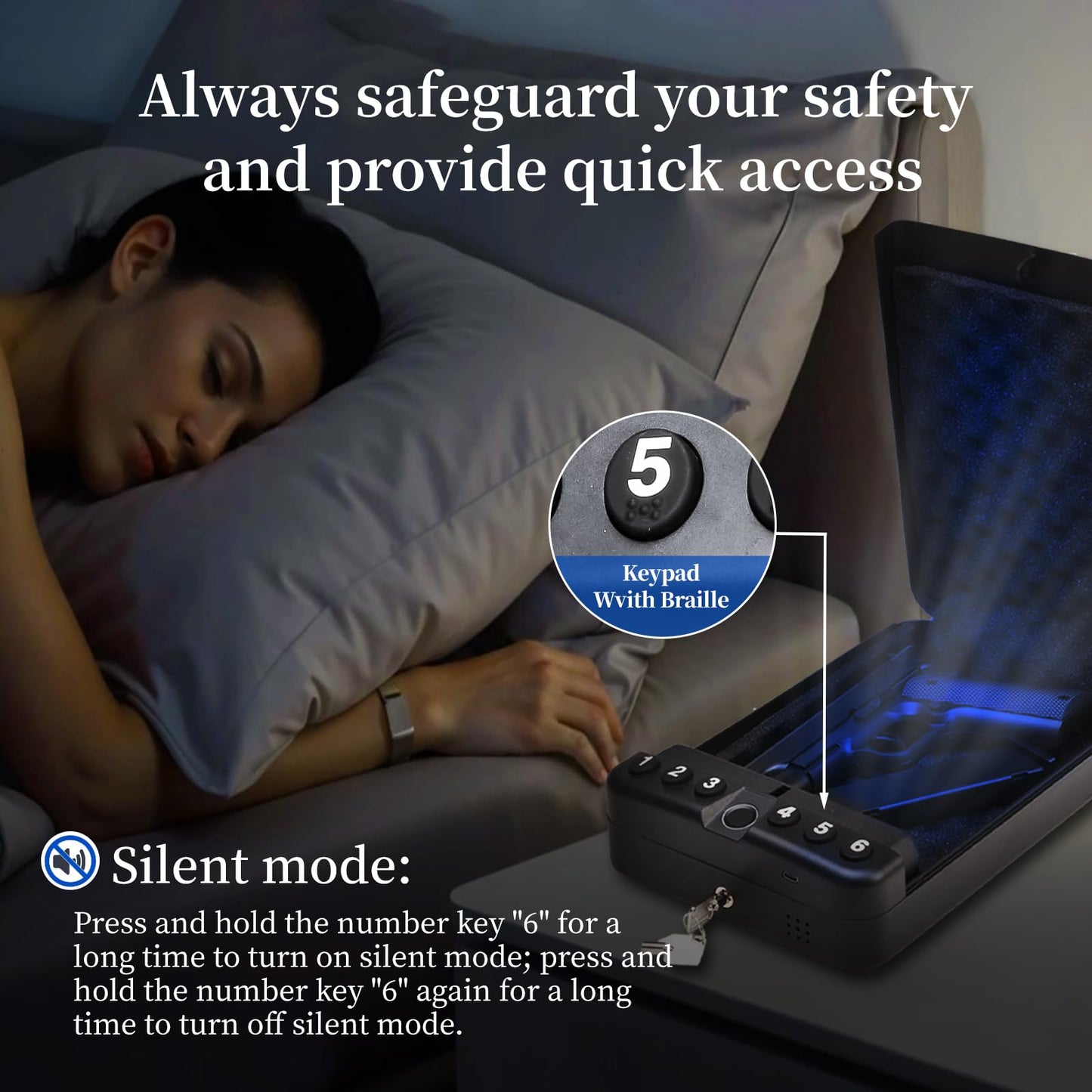 Gun Safe - Triple Unlock (Fingerprint/Password/Key), Quick Fingerprint Access in ≤ 0.1 seconds, one click mute function, Portable Pistol Safe, Suitable for Family Travel Vehicles, Quick Access