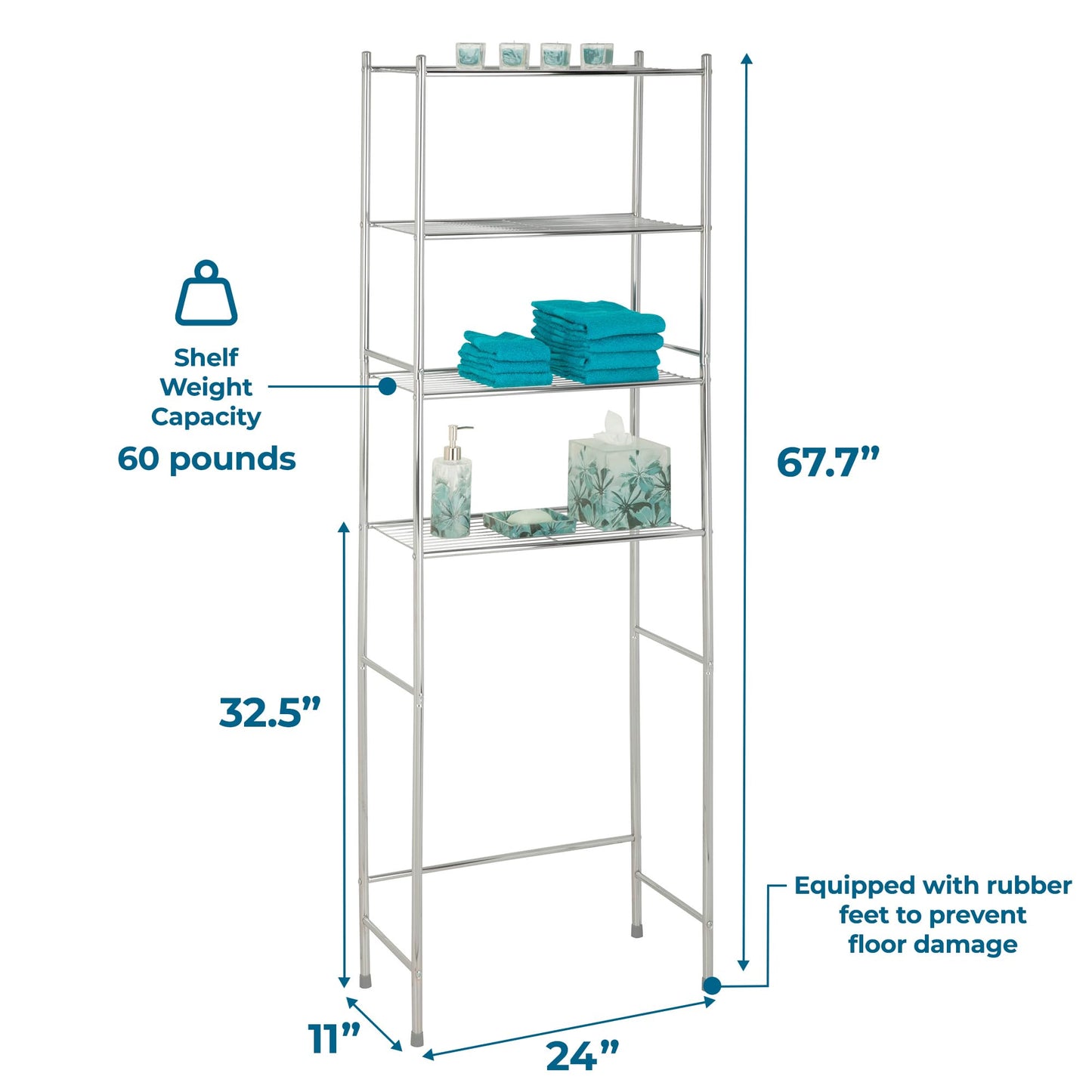 Honey-Can-Do 4-Tier Over-The-Toilet Storage Shelf - Space-Saving Steel Bathroom Restroom Organizer with Neutral Chrome Finish, Ideal for Towels, Toiletries, & Essentials - 24"W x 68"H x 11"D
