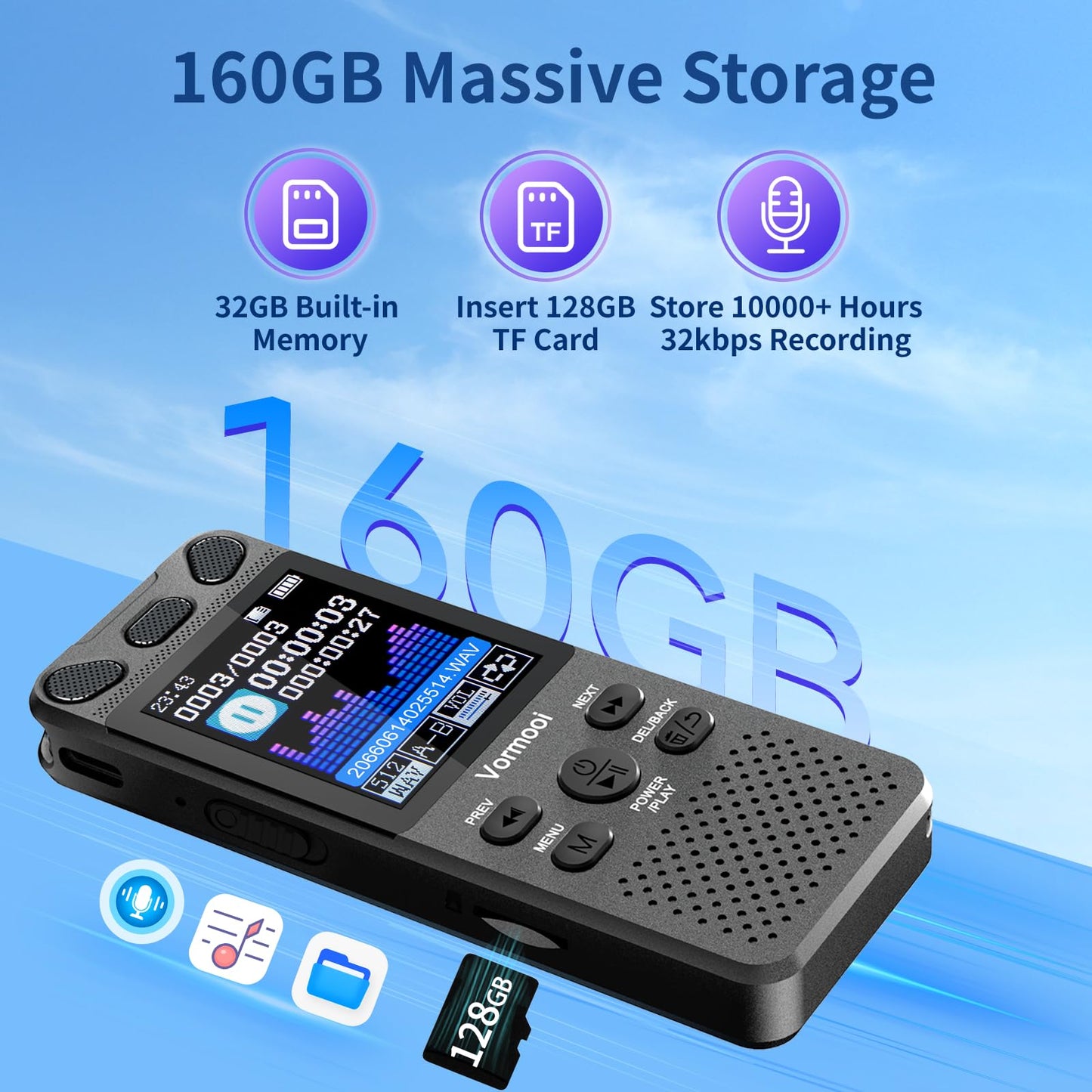 160GB Digital Voice Recorder with Playback - 110 Hours Ultra-Long Continuous Recording, Vormooi 1536Kbps Voice Activated Audio Recorder with External Microphone for Lecture Interview Meeting