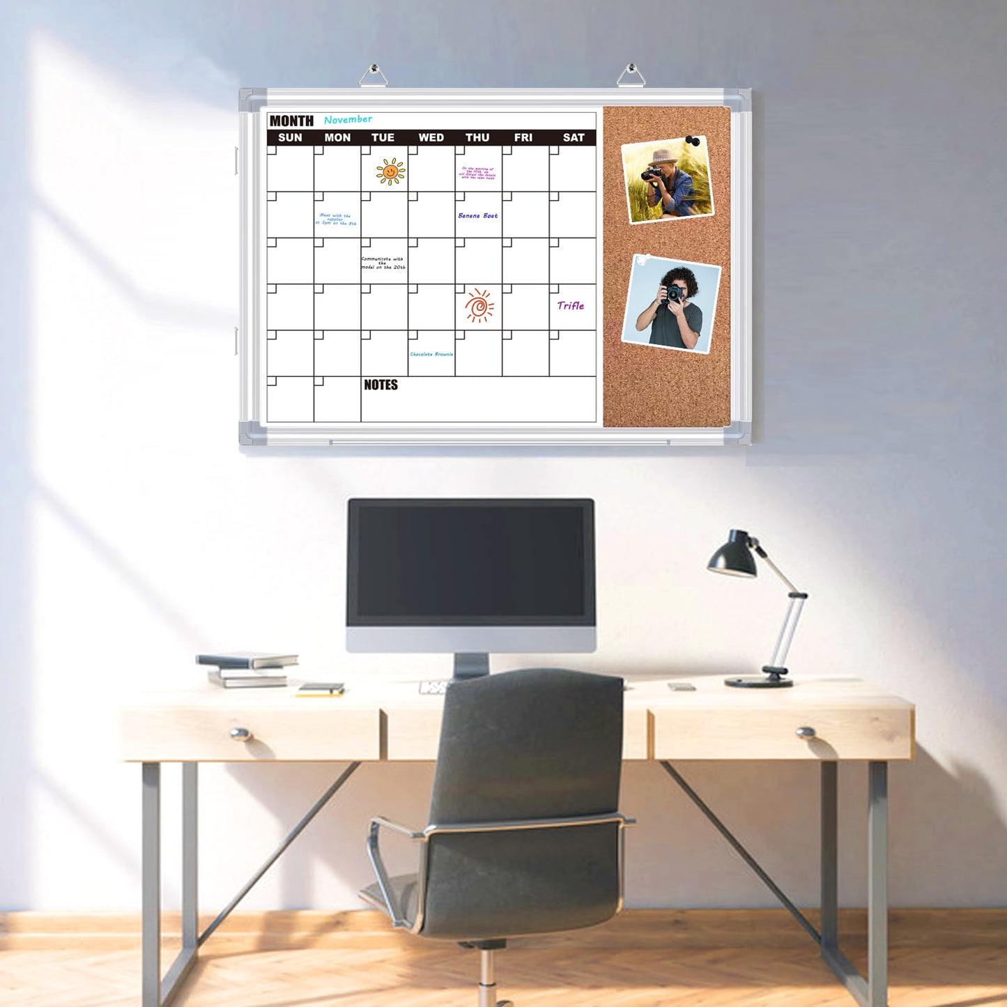 YUYIUS Calendar Whiteboard for Wall, 24" x 18" Double Sided Monthly Dry Erase Board Calendar for Office, Home, School, Hanging Cork Board White Board Combo, Portable Magnetic Dry Erase Planner Board