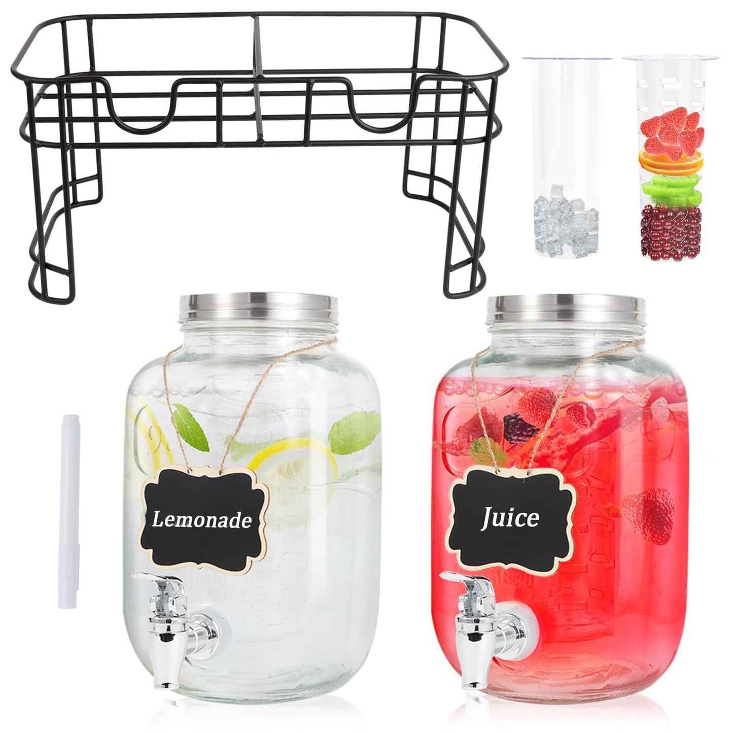 1 Gallon Glass Drink Dispensers For Parties-Set of 2,Drink Dispenser with Fruit Infuser & Stand,Juice or Beverage Dispenser for BBQ, Picnic, Party,Laundry Detergent Dispenser