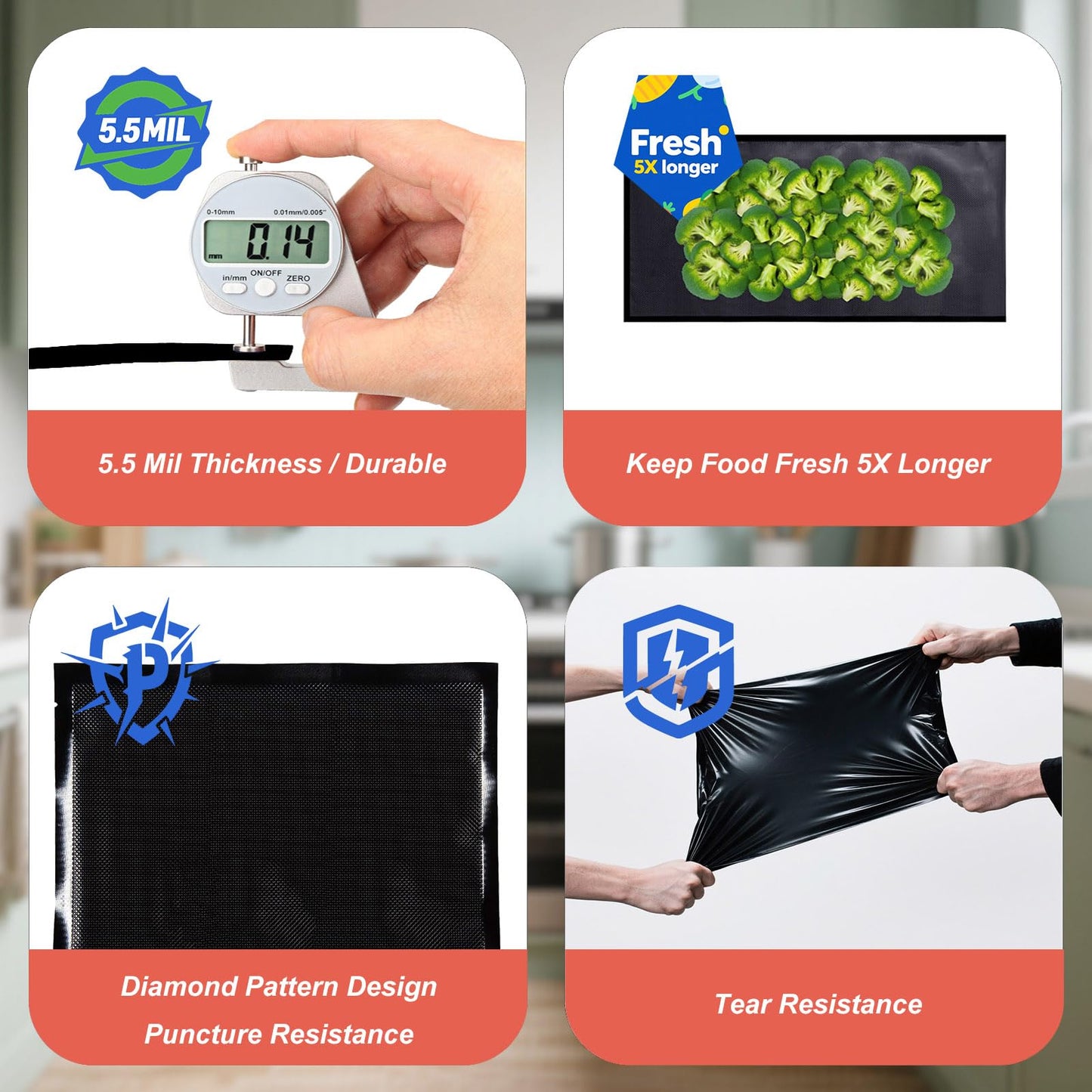 FLRBAGSTO Black and Clear Vacuum Sealer Bags 15" x 20", 5.5 Mil Precut Vacuum Seal Bags for Food Storage, Sous Vide, and Meal Prep, Heavy Duty Commercial Grade, 50 Count