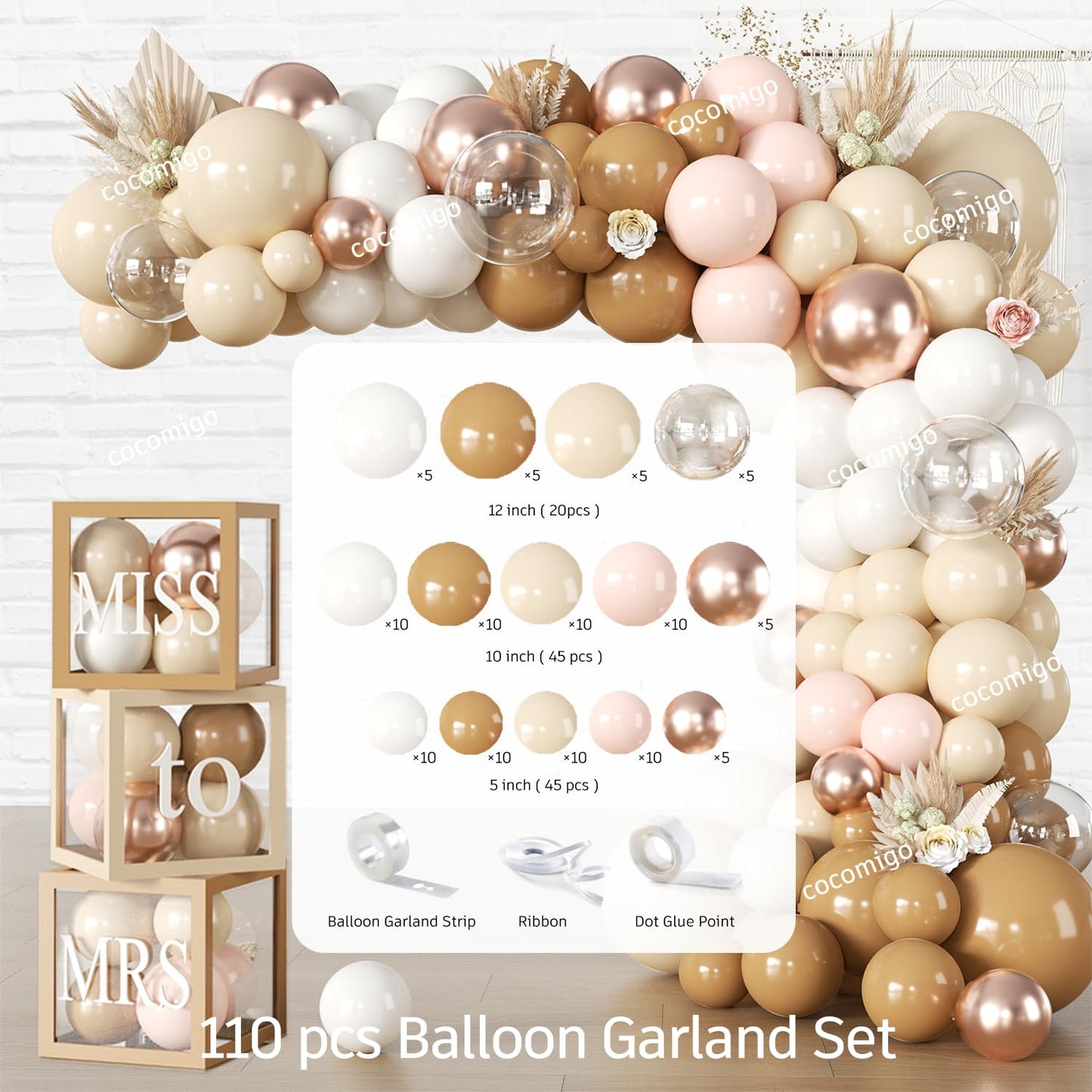 cocomigo 301pcs Boho Bridal Shower Decorations Complete Party Set, Serves 25 Guests, Boho Wedding Engagement Theme Bridal Shower Decorations, includes Balloon Arch Box Tableware Veil Shoulder Straps