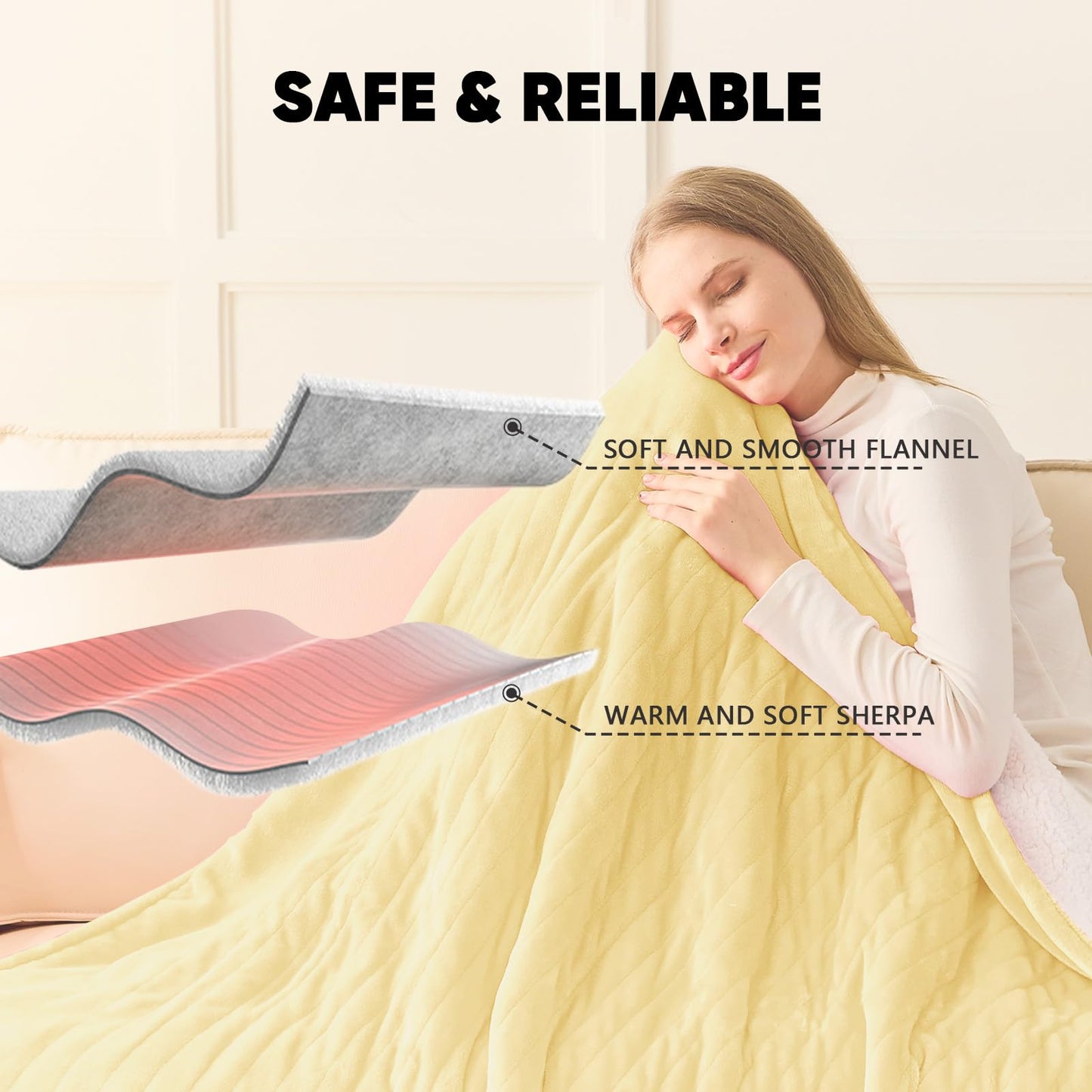 greenoak Heated Blanket Electric Throw 50"X60", Heating Blankets with 10 Heat Levels 8 Hours Auto-Off, Soft Flannel Sherpa Fluffy House Warming Gifts for Grandma Seniors Mom,Cream Yellow