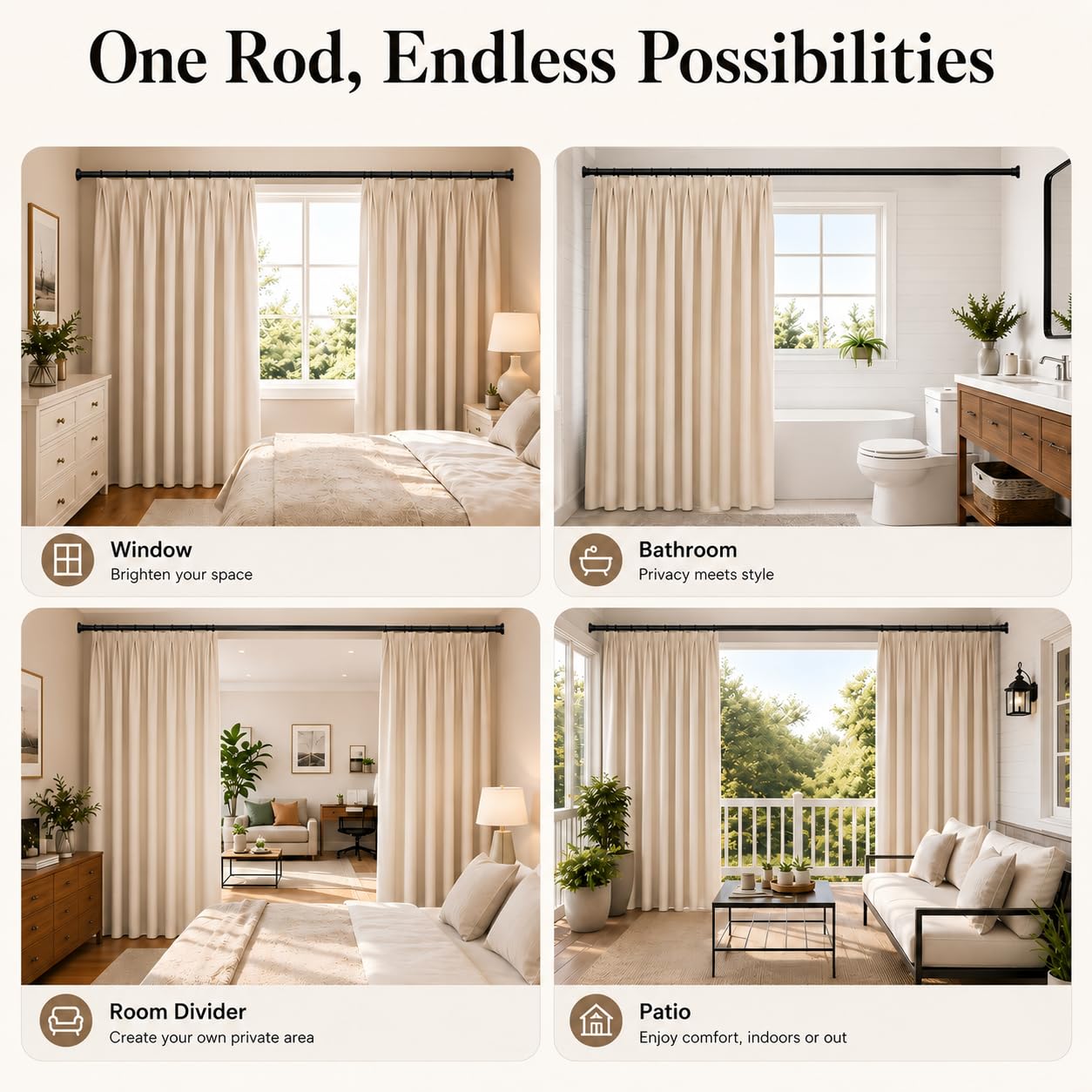 ALLZONE Tension Curtain Rods for Windows 66 to 120 Inches, Black Curtain Rods No Drilling, Heavy Duty Extra Long Tension Rod for Curtains, Outdoor Curtains Rod for Patio, Bedroom