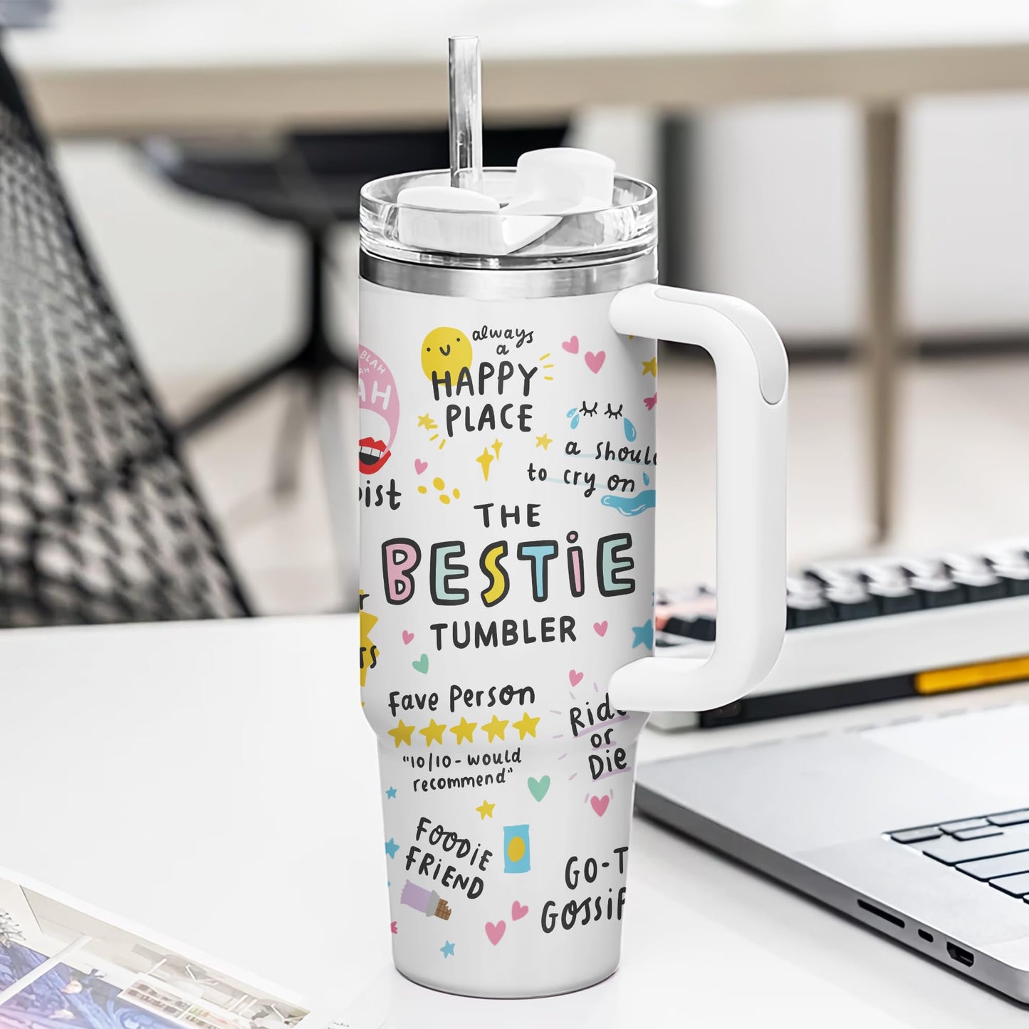 Gossby Bestie Gift for Women - 30oz THE BESTIE TUMBLER - Friend Tumbler for Women - Christmas, Birthday, Friendship Gifts - Funny Best Friend Gift - Stainless Steel Insulated Travel Mug with Handle