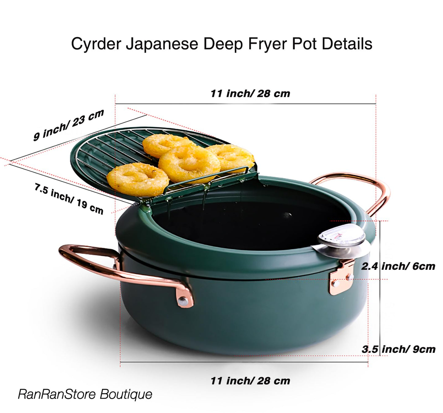 Cyrder Deep Fryer Pot, 4.3L/11 Inch Japanese Tempura Frying Pot with Fahrenheit Thermometer, Nonstick Carbon Steel Oil Fryer, for Tempura/Frech/Fish/Chicken Fries, Easy Clean, Green