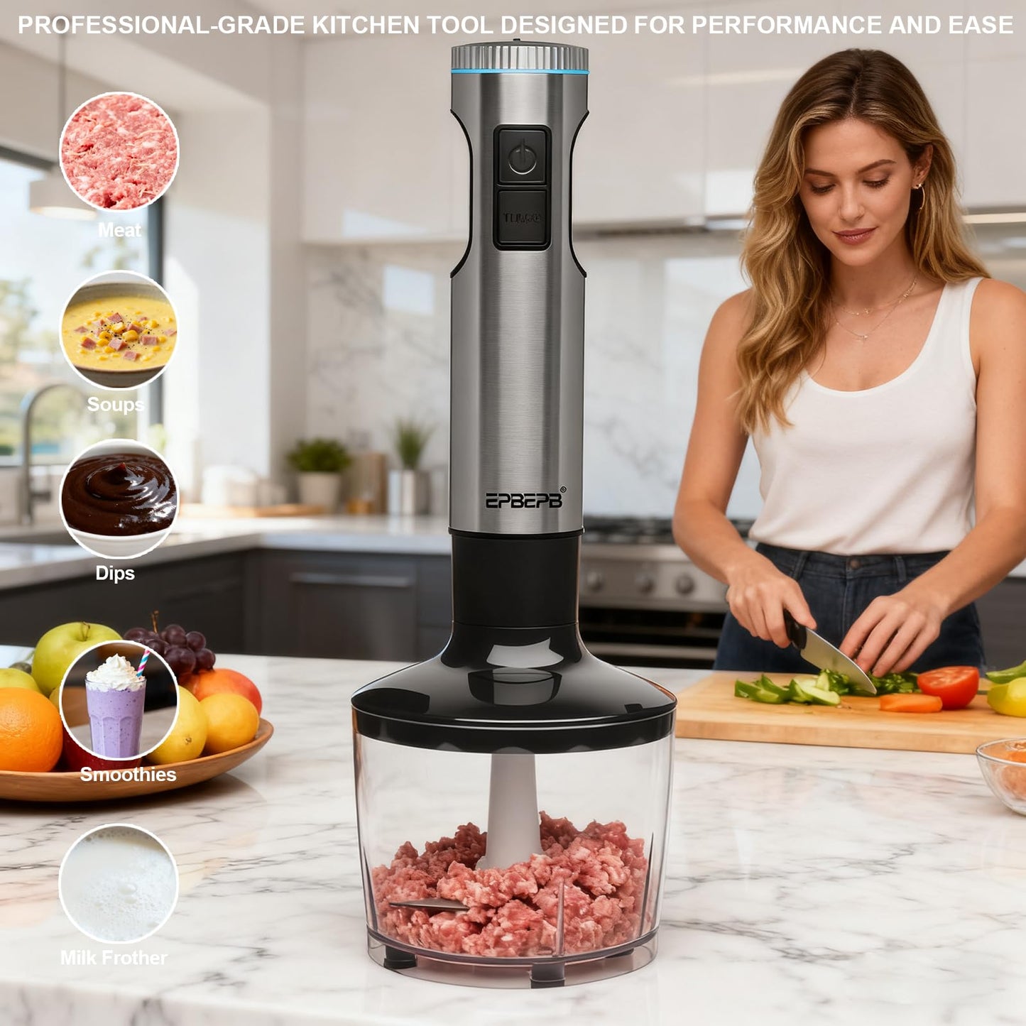 Handheld Immersion Blender Bundle, 1000W Powerful 12-in-1 Set for Smoothies,Orange Juicer,Minced meat,Milk frother,Egg Beater, Dough Hook, Vegetable Chopper, Potato Masher