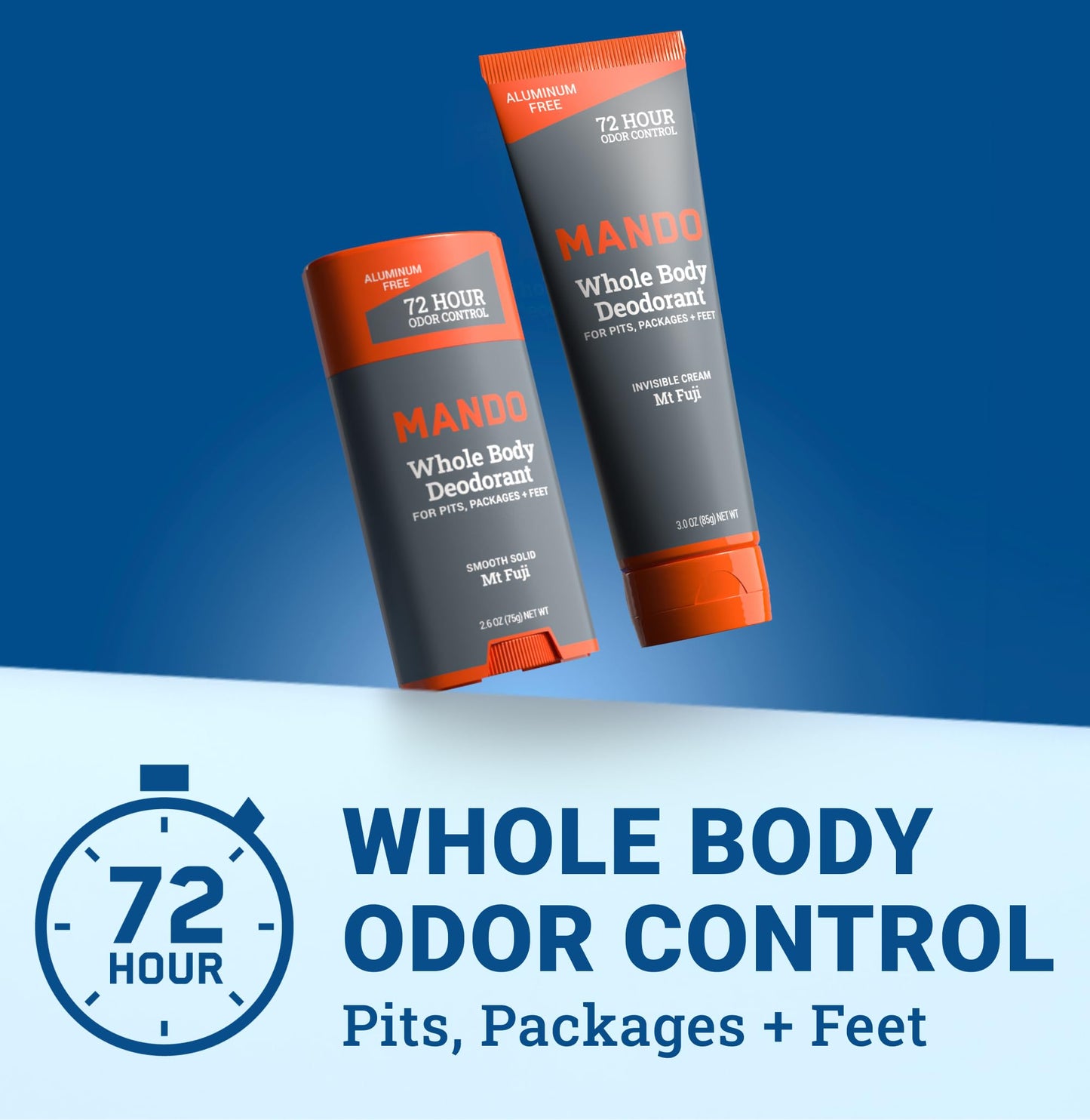 Mando Whole Body Deodorant - Invisible Cream Tube and Solid Stick - 72 Hour Odor Control - Aluminum Free, Baking Soda Free, Skin Safe - 3.0 Ounce Tube and 2.6 Ounce Solid Stick Bundle - Mt Fuji