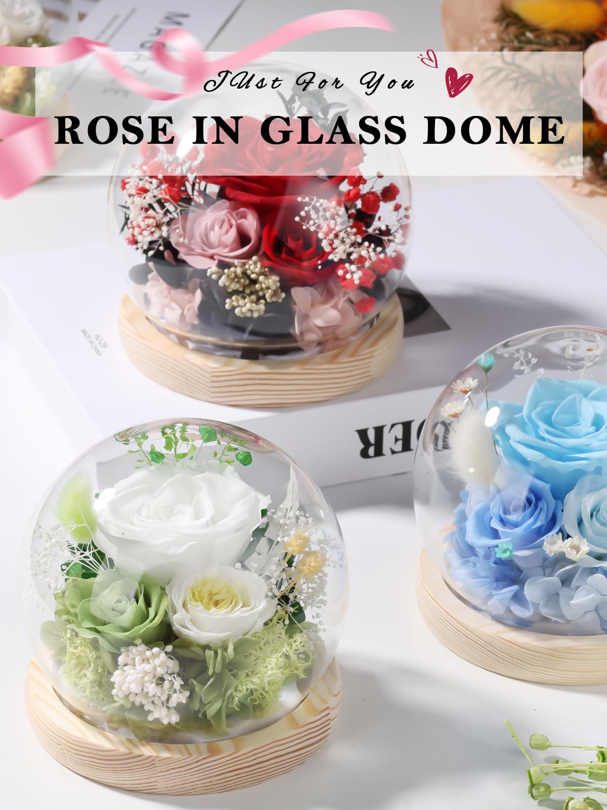 FIACO Gifts for Mom Mothers Day Women Birthday Preserved Flowers in Glass Dome Forever Fresh Flowers for Delivery Eternal Roses Gifts for Grandma Wife Daughter Friends