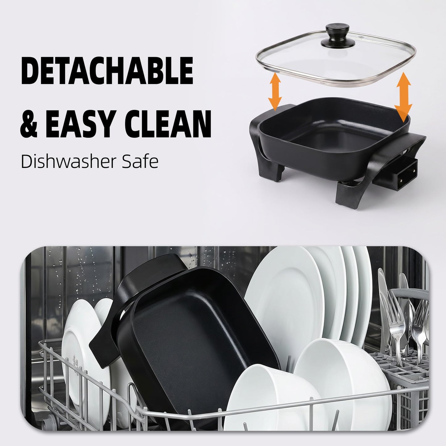 I-Keukenn 8" Electric Skillet with PFAS-Free Non-Stick Ceramic Coating, Removable Electric Frying Pan with Adjustable Temperature, Reversible Design, Tempered Glass Lid, Black