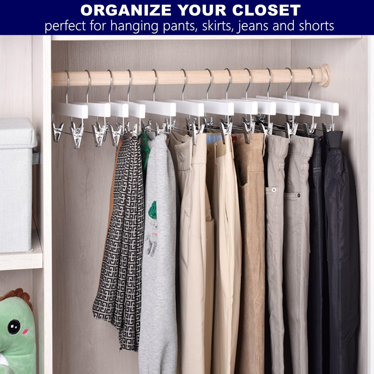 Amber Home 24 Pack White Wooden Pants Hangers with Clips, 14" Wood Skirt & Trousers Hangers, Closet Hangers for Jeans, Slacks, Shorts, with 2-Adjustable Clips (White, 24)