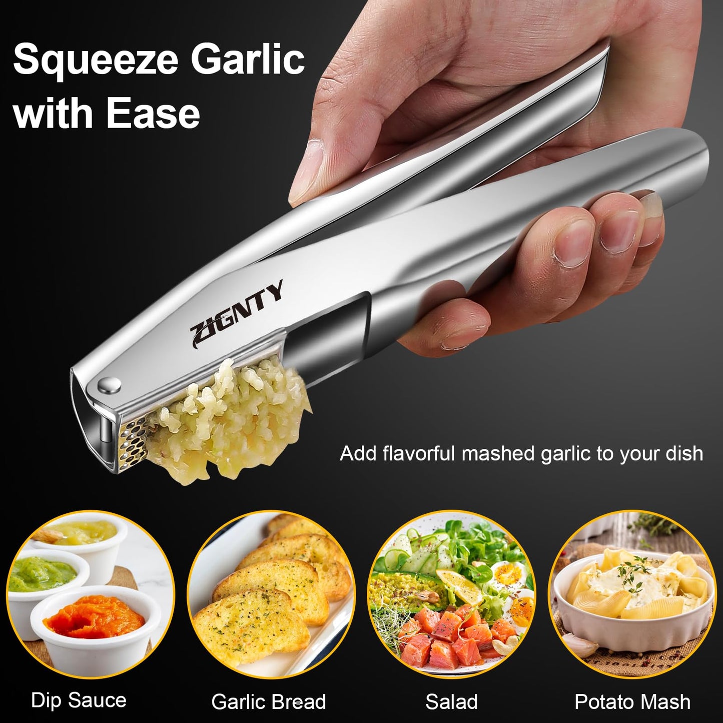ZIGNTY Garlic Press Stainless Steel,Premium Garlic Mincer Tool,No Need to Peel Garlic Ginger Crusher & Masher Easy Squeeze Large Trough Ergonomic Handle,Rust Proof,Dishwasher Safe (5 Years Warranty)