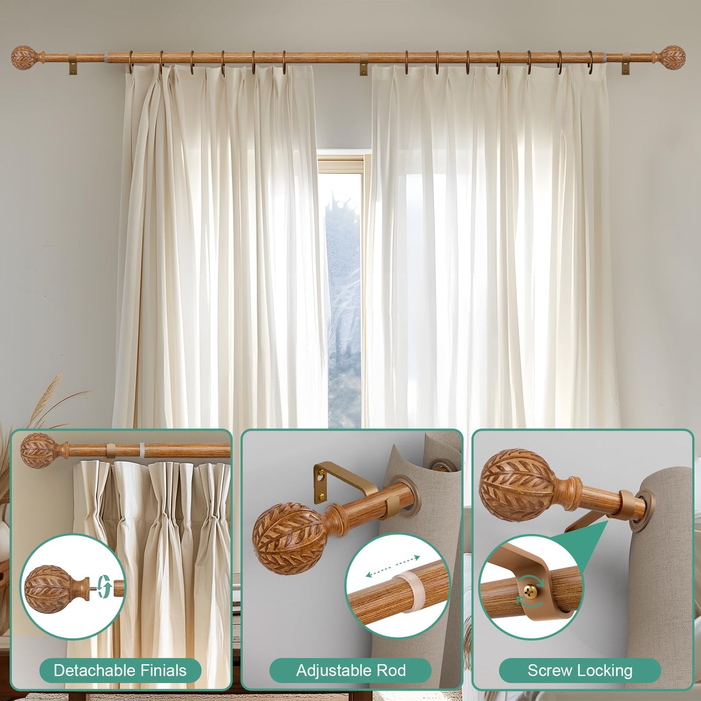 QDWIS Boho Wood Curtain Rods for Windows 66 to 120 inch,1" Adjustable Heavy Duty Window Curtain Rod with Imitation Wood Grain Finials,Rustic Decorative Drapery Rods Set,Size:36-120'',Natural Wood