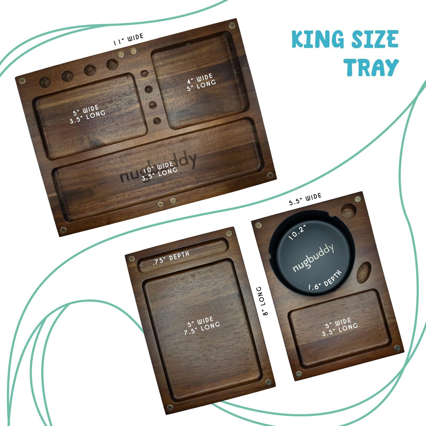 Nugbuddy Wooden Rolling Tray | 3 in 1 Folding Design Set w Magnetic Lid | Big & Small Trays + Removable Metal Tray | Portable Accessory Kit for Car Travel & Home | Premium Acacia Wood