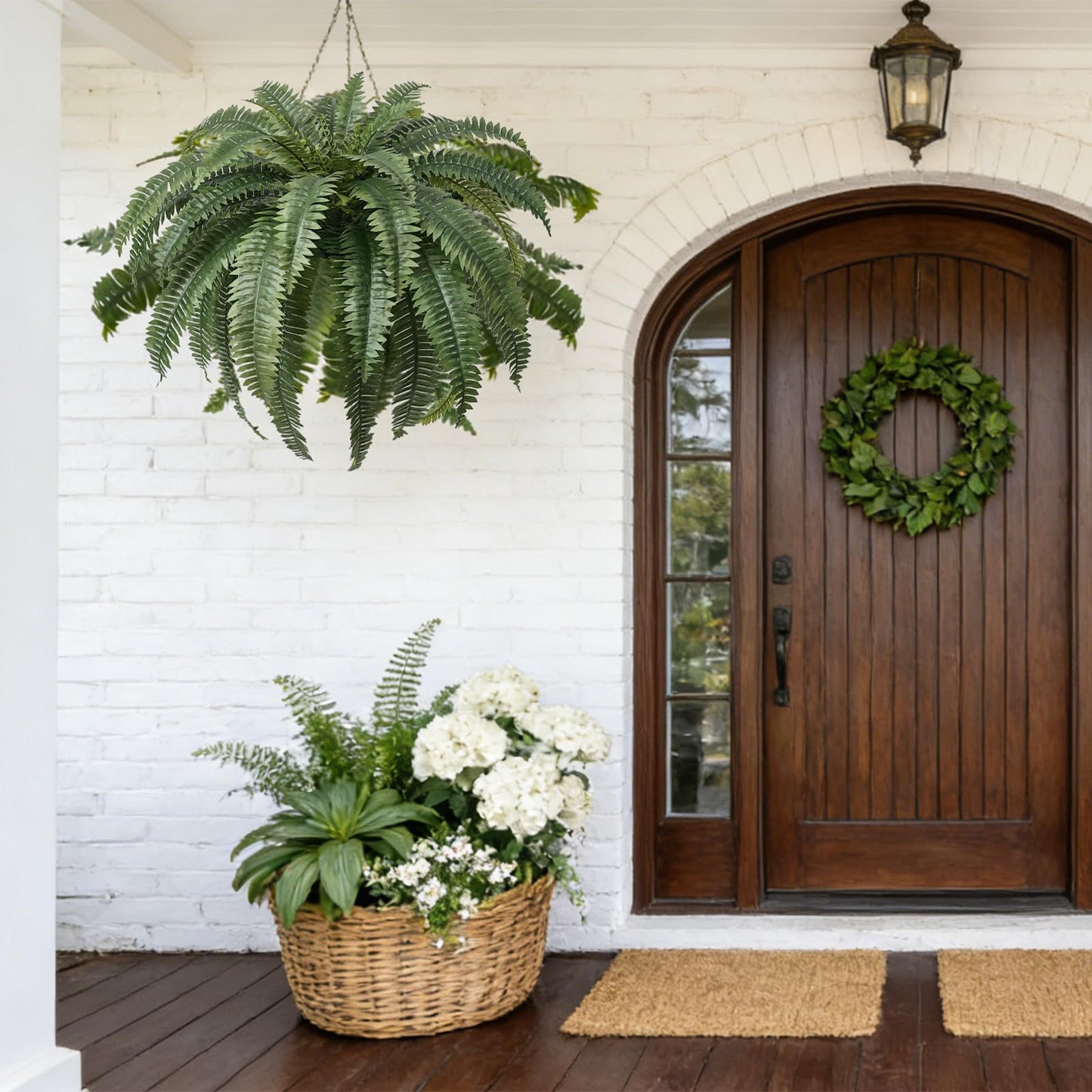 Apeair Set of 2 Large Artificial Boston Fern Plants, 48" Giant Faux Ferns with 39 Realistic Fronds, UV Resistant Fake Greenery for Outdoor Porch, Hanging Basket, Patio Garden Decor